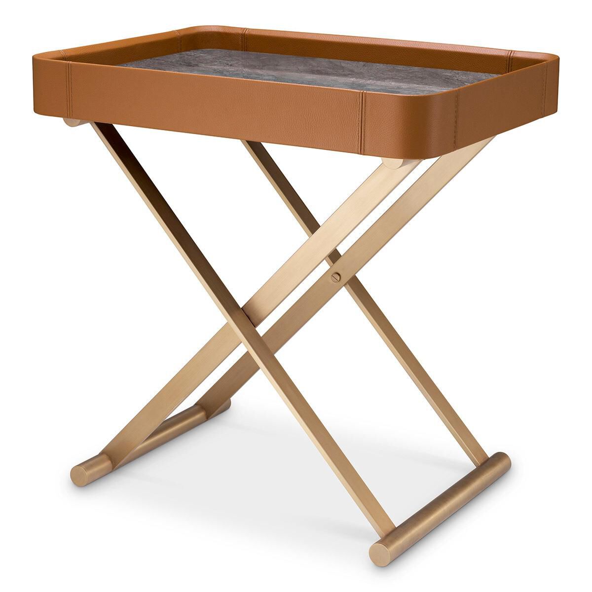 Shown in Brushed Brass, Brown Leather, Grey Marble Look Sintered Stone finish