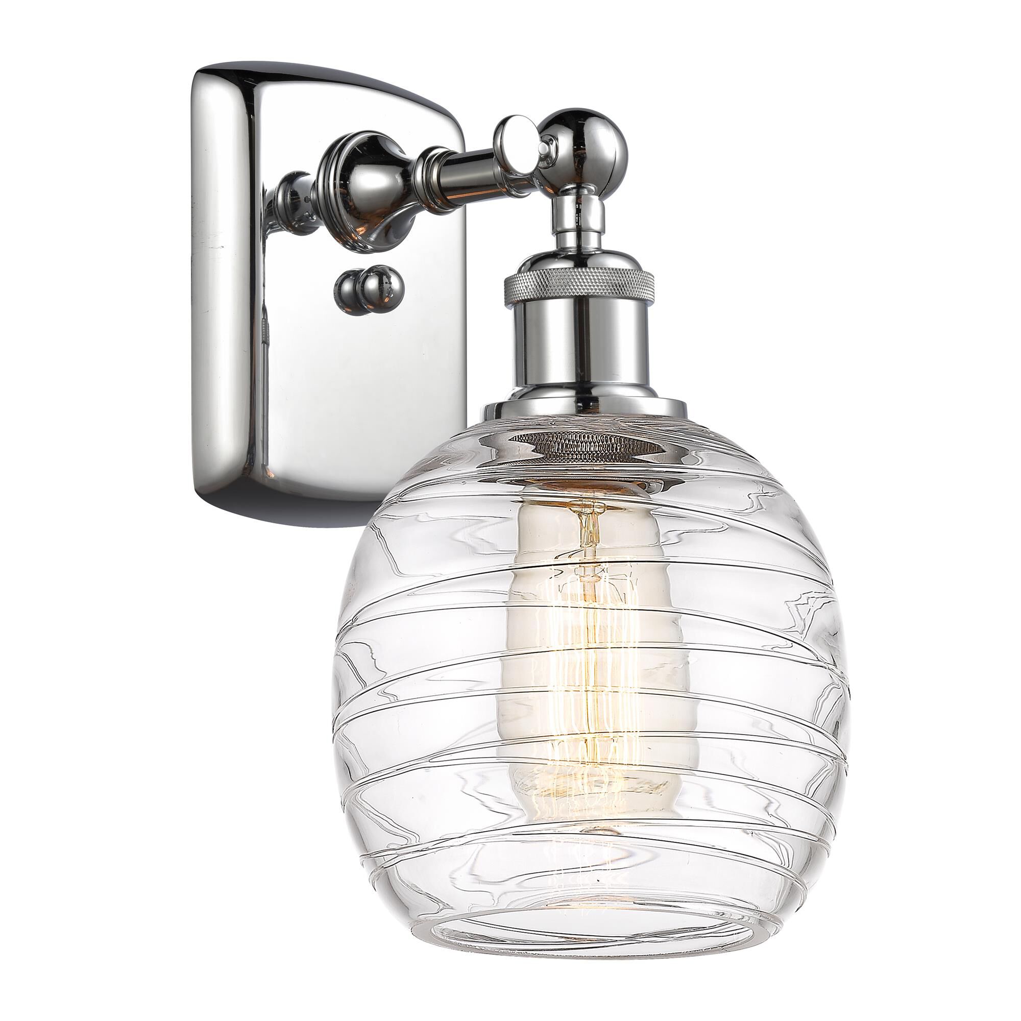 Shown in Polished Chrome finish and Deco Swirl Belfast glass
