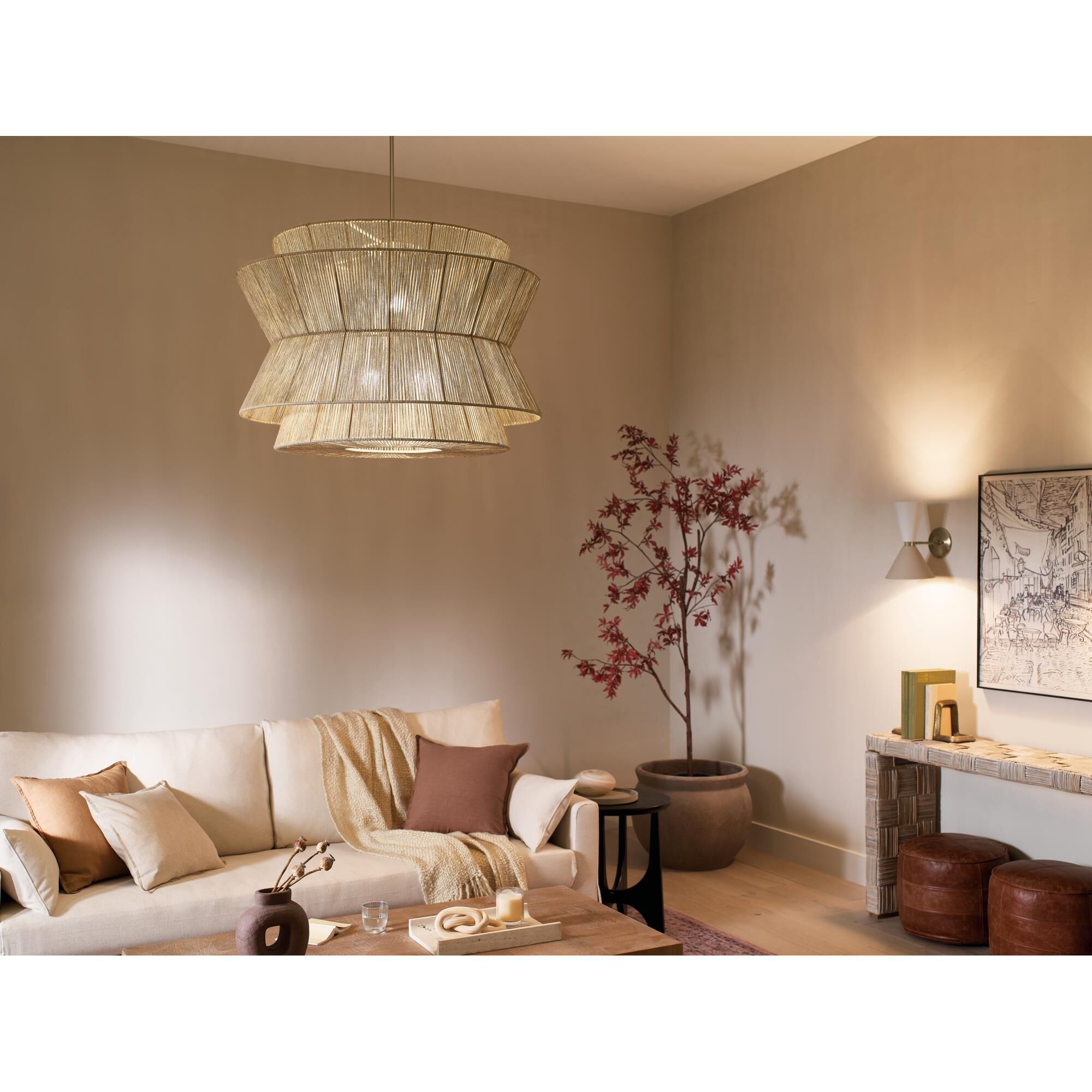 Shown in Champagne Bronze finish and Natural Fibers Textured shade