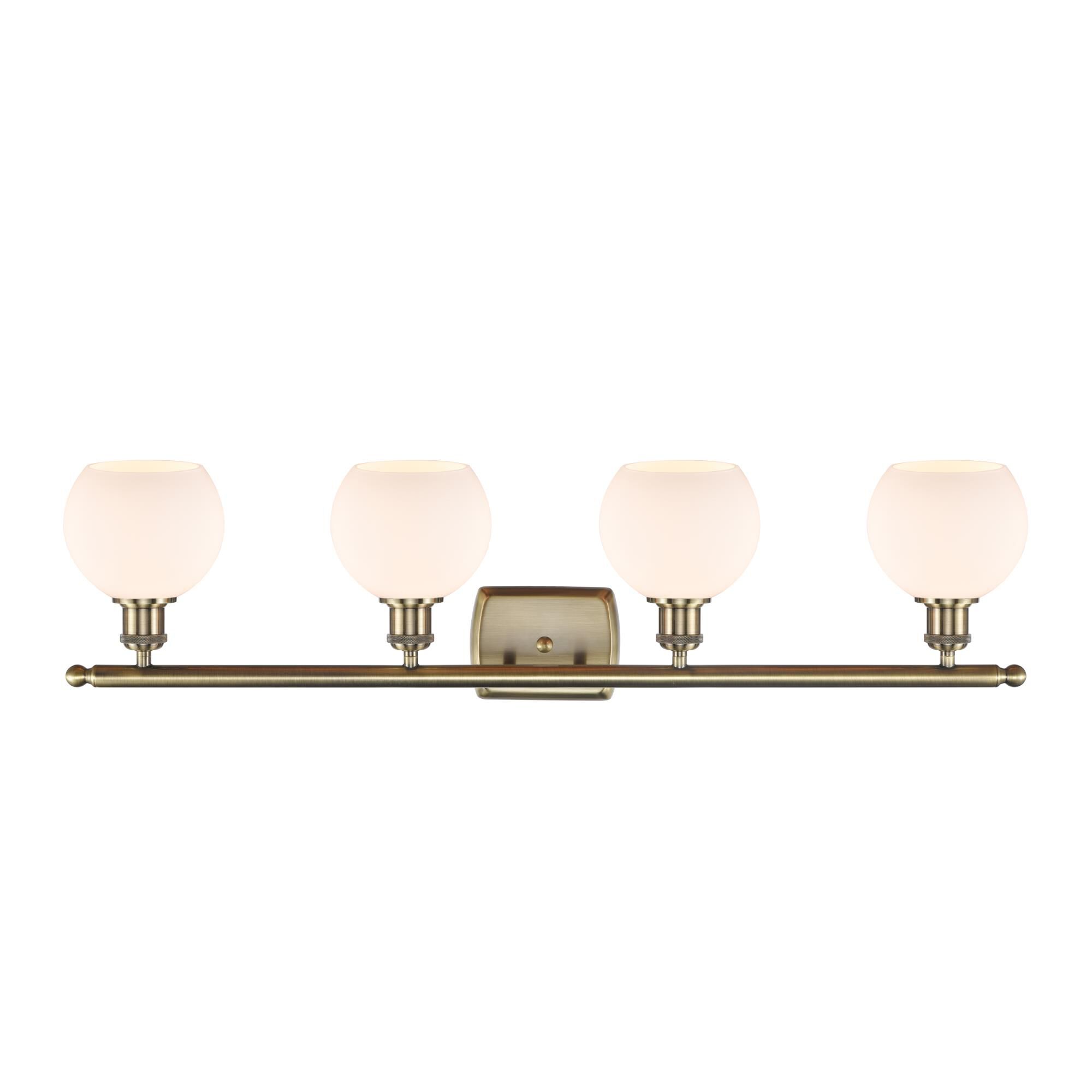 Shown in Antique Brass finish and Cased Matte White Athens glass and No Shade shade