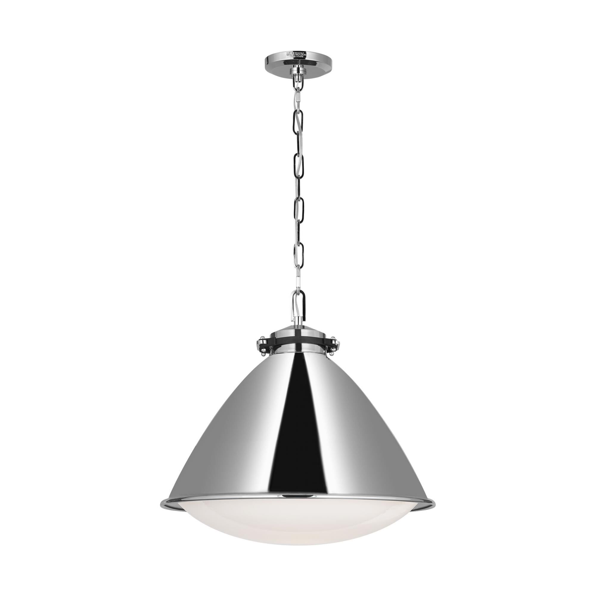 Shown in Polished Nickel finish and Milk glass