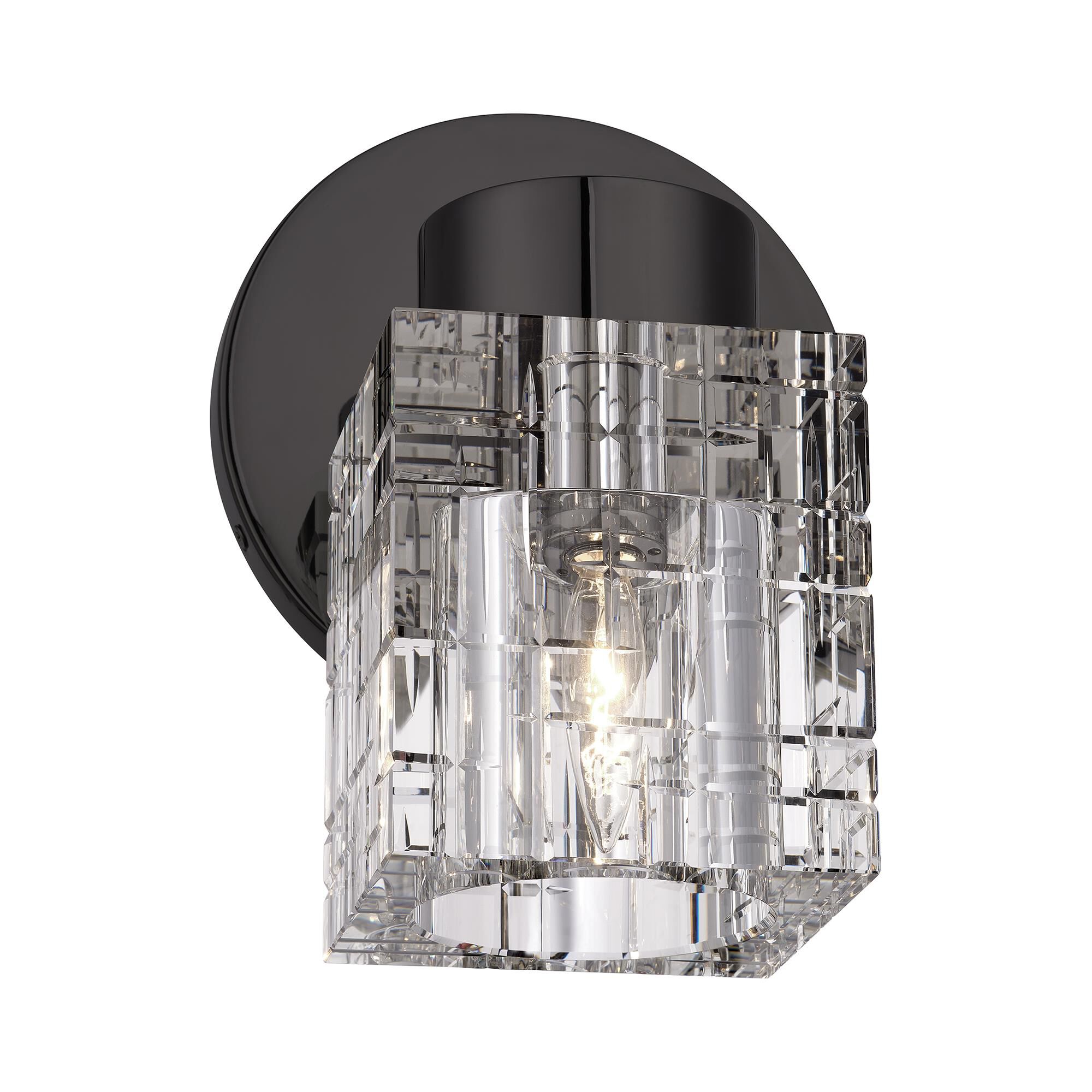 Shown in Black Chrome finish and Crystal glass