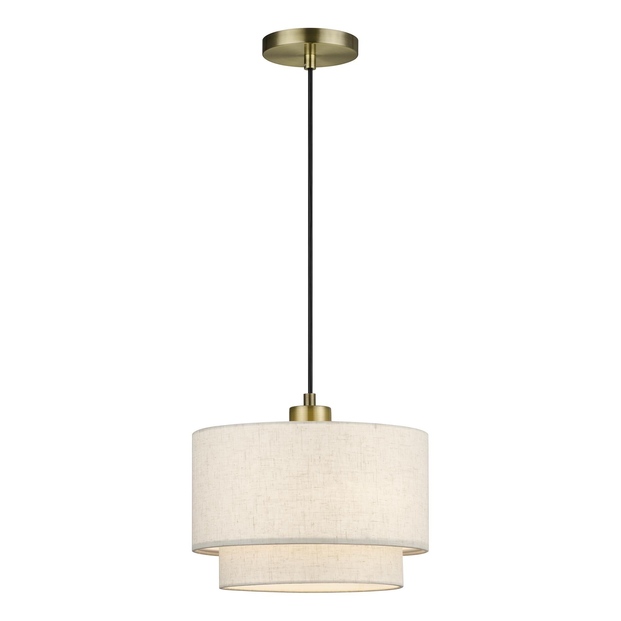 Shown in Antique Brass finish and Hand Crafted Oatmeal Color Fabric with White Color Inside shade