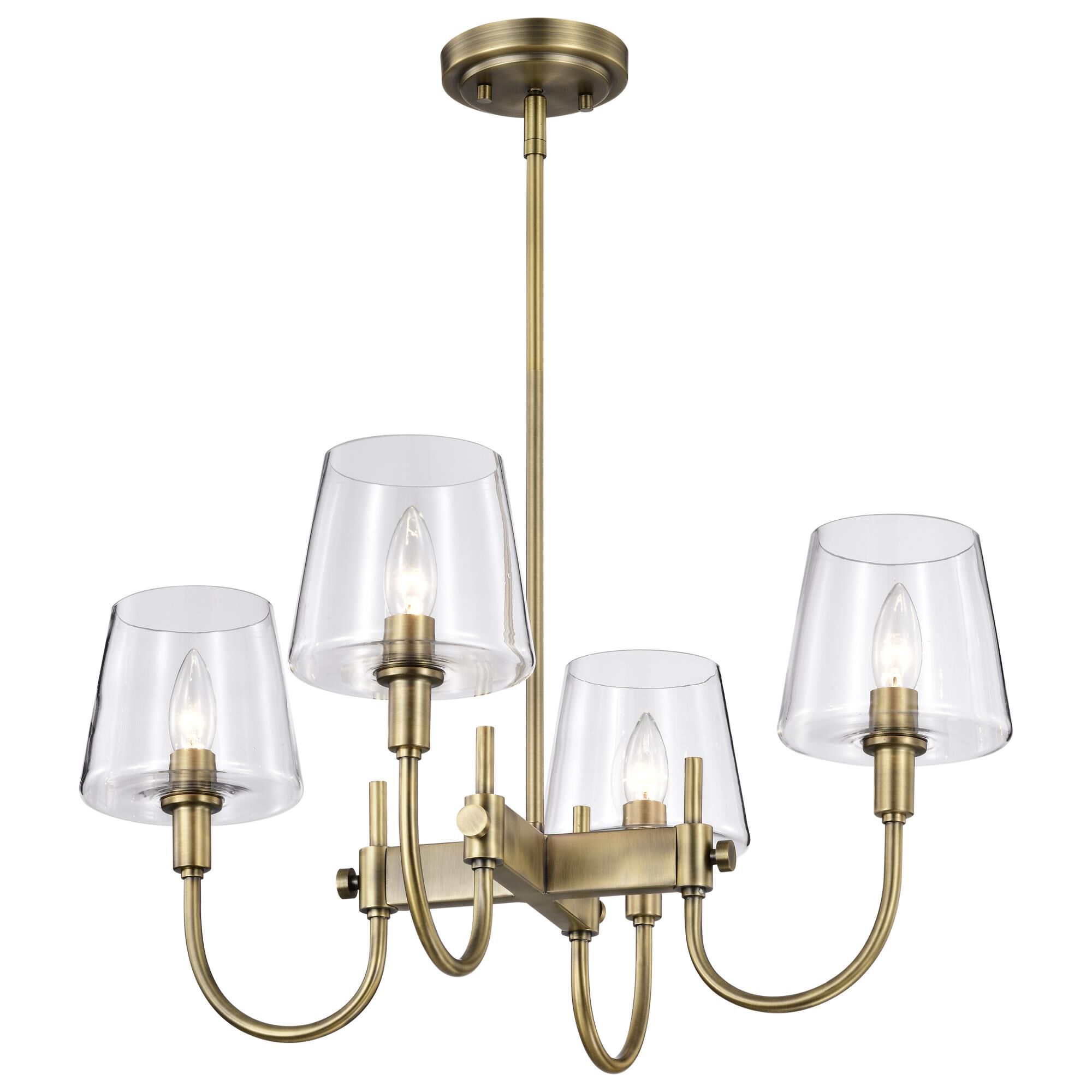 Shown in Vintage Brass finish and Clear glass and Glass shade