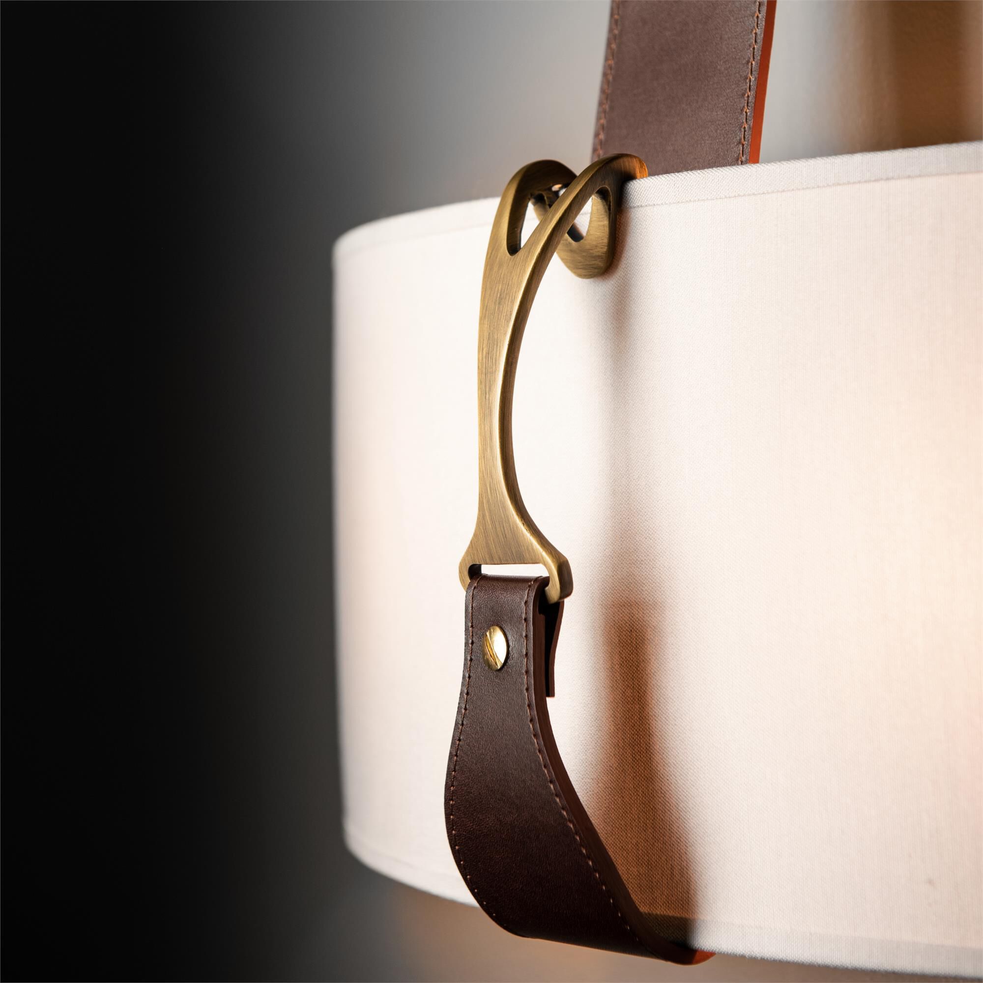 Shown in Black/Leather British Brown finish and Flax shade and Antique Brass  accent