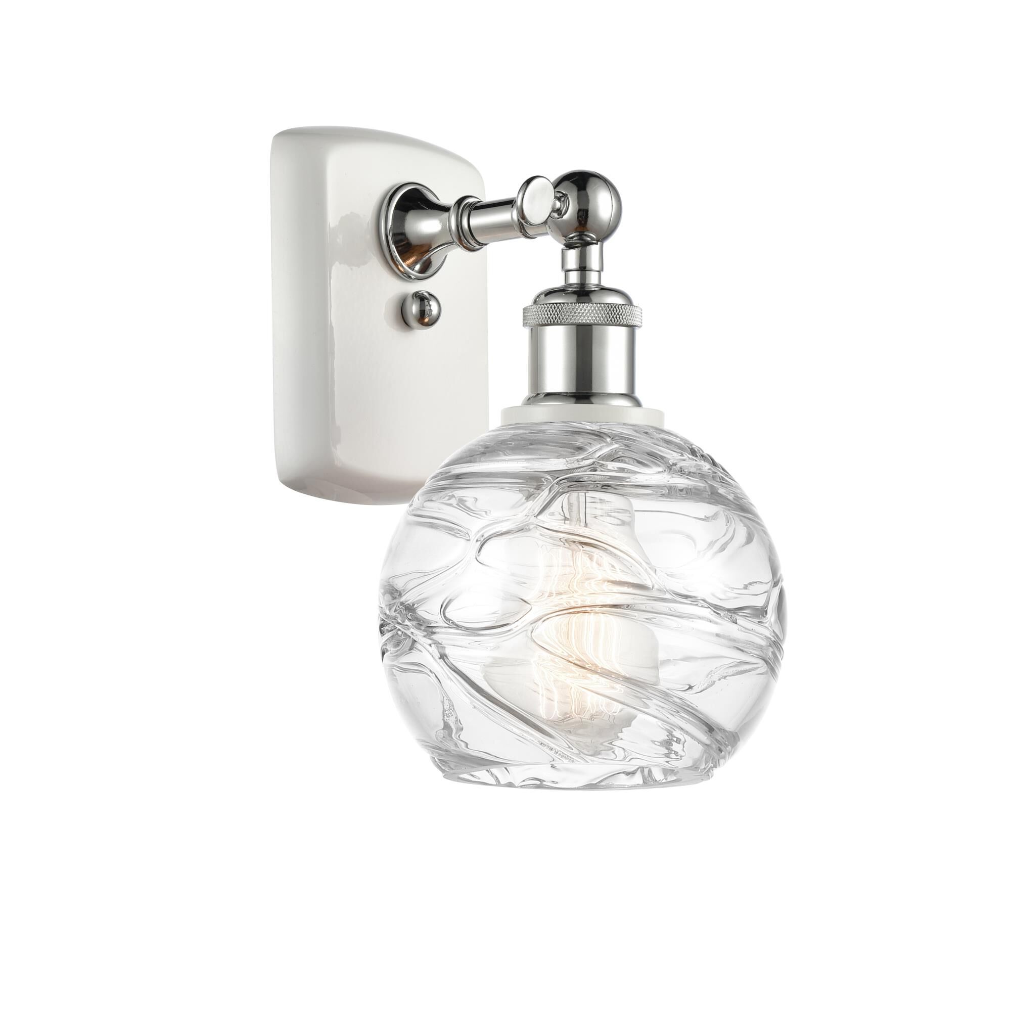 Shown in White And Polished Chrome finish and Clear Deco Swirl glass