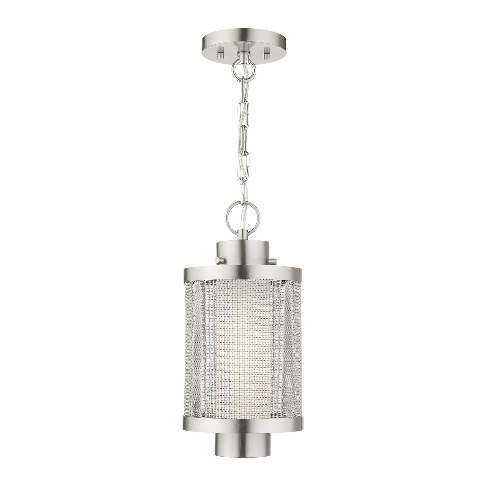 Shown in Brushed Nickel finish and Brushed Nickel Stainless Steel Mesh With Satin Opal White glass and Brushed Nickel Stainless Steel Mesh With Satin Opal White Glass shade