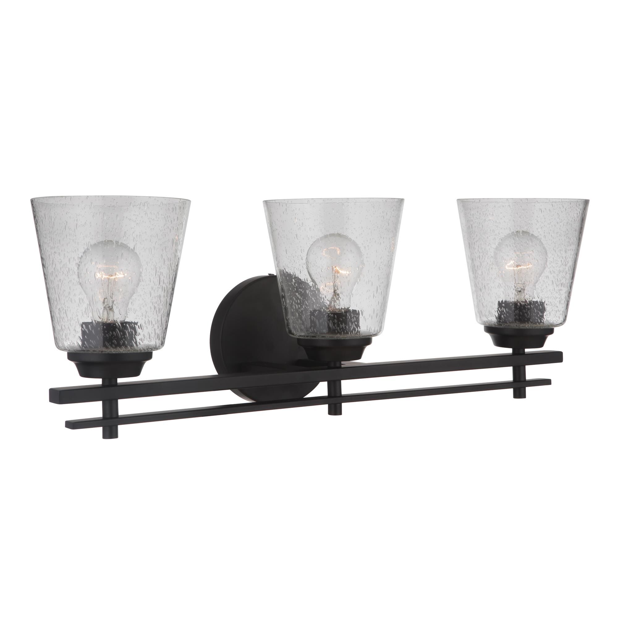 Shown in Flat Black finish and Clear Seeded glass and Glass shade