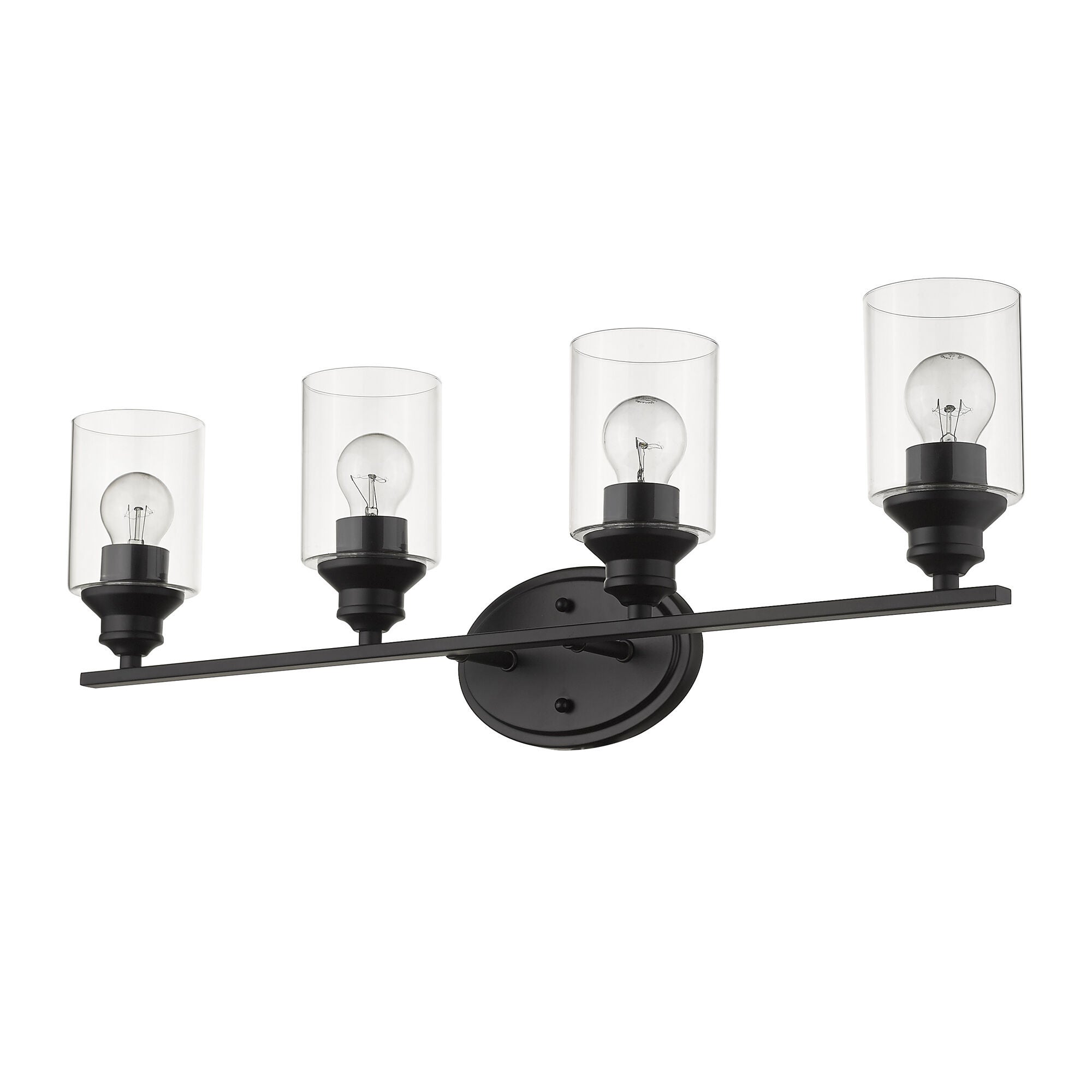 Shown in Matte Black finish and Clear glass and Clear, Cylindrical Glass s shade