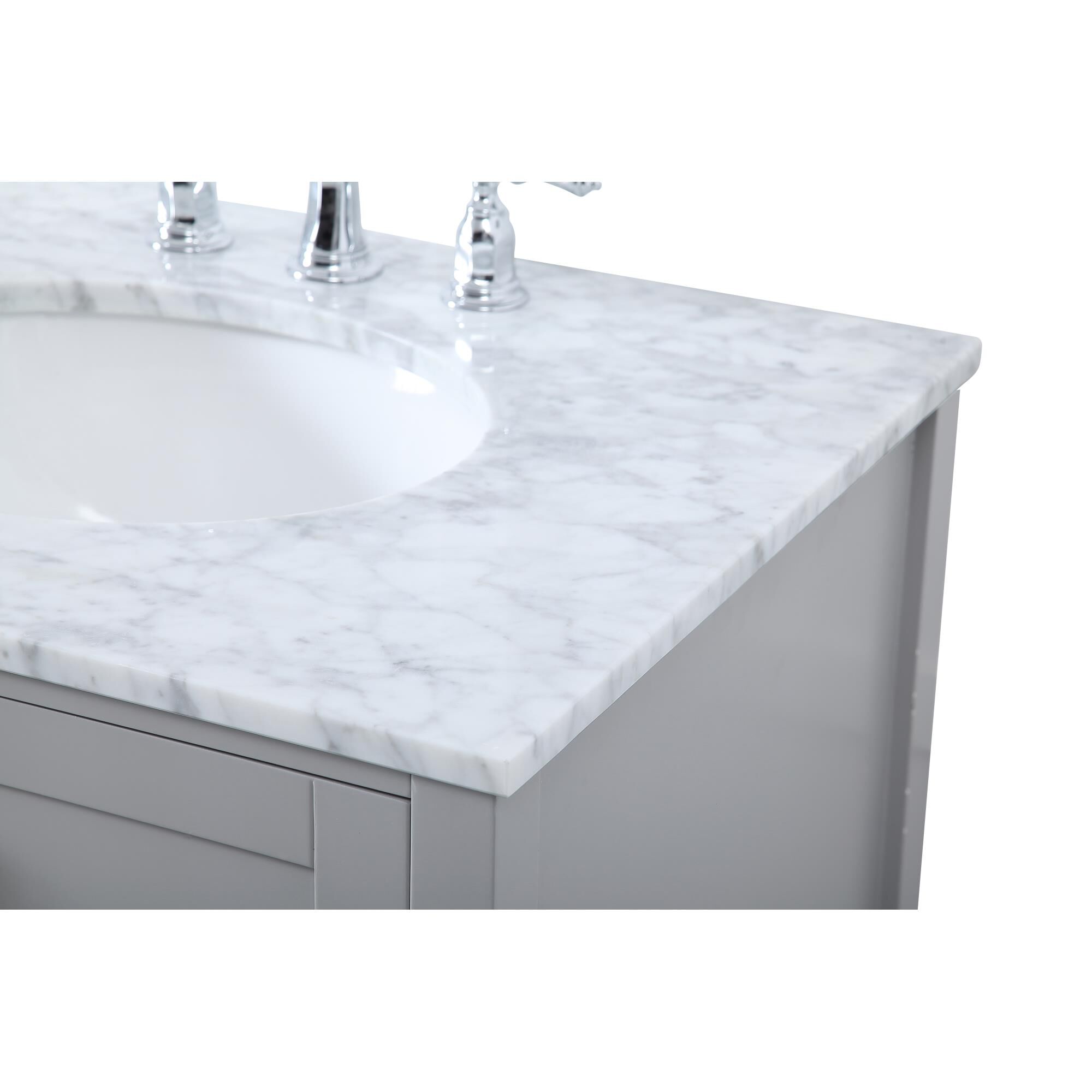 Shown in Gray And Brushed Nickel With Carrara White Marble finish