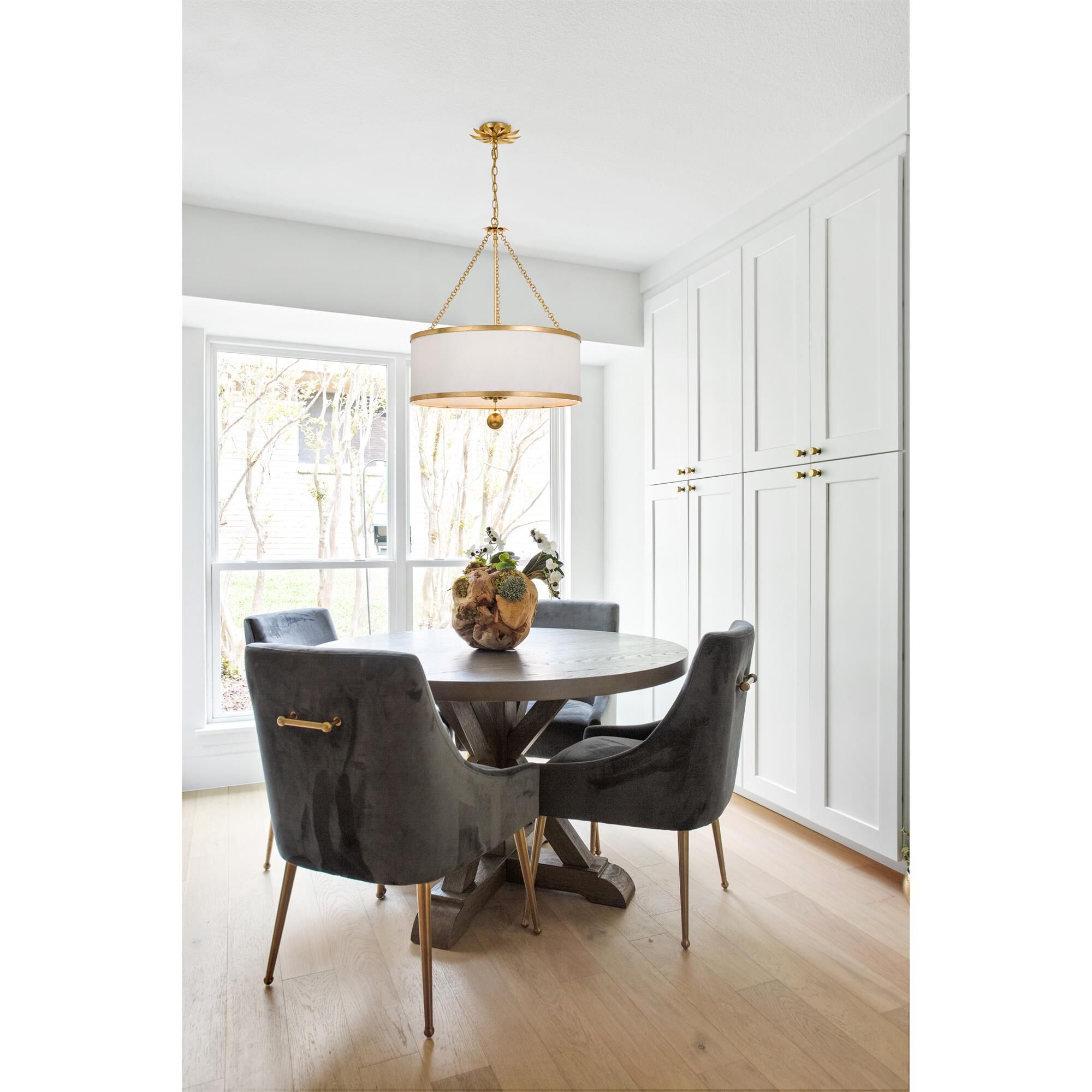 Shown in Antique Gold finish and White Silk shade