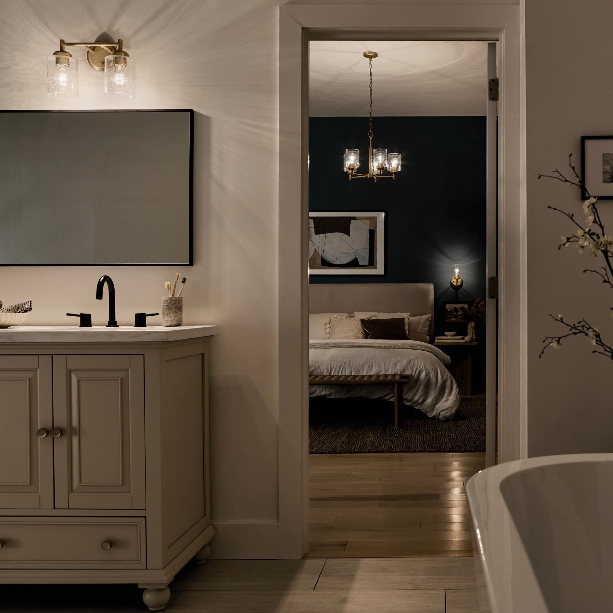 Shown in Natural Brass finish and Clear Seeded glass