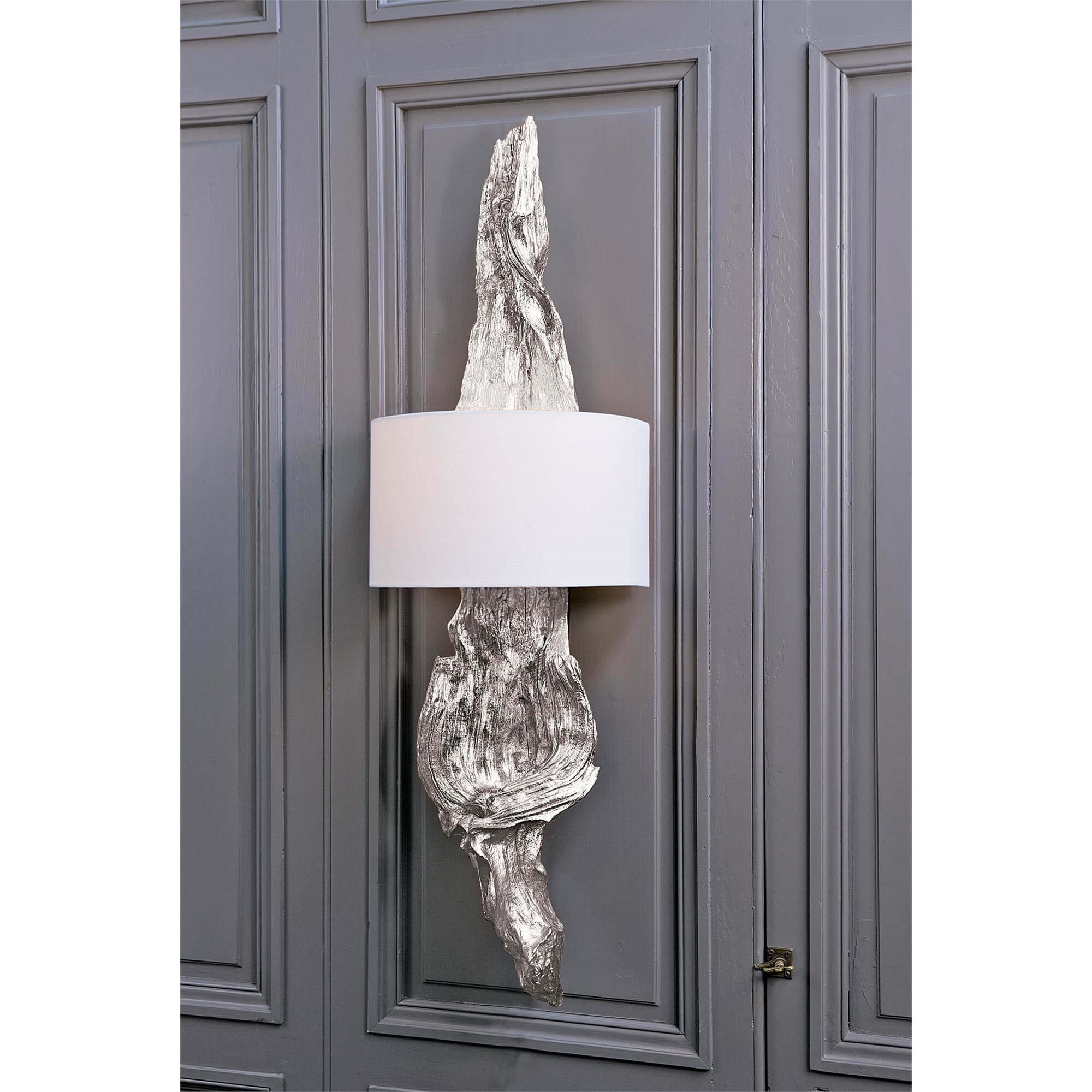 Shown in Ambered Silver Leaf finish and Linen shade