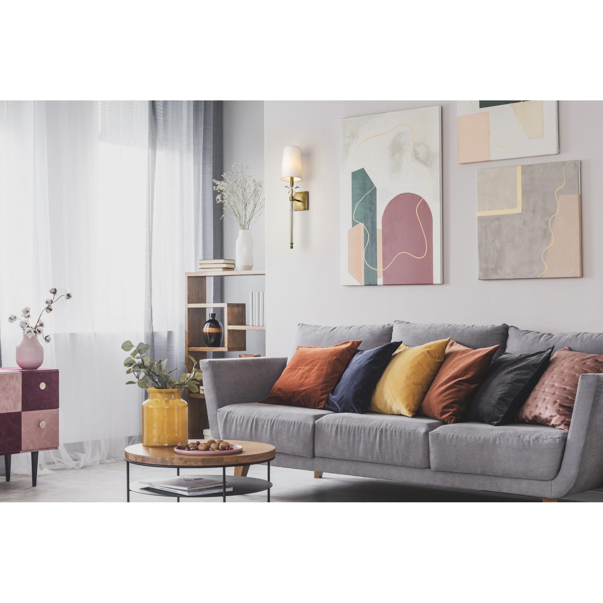 Shown in Rubbed Brass finish and Fabric shade