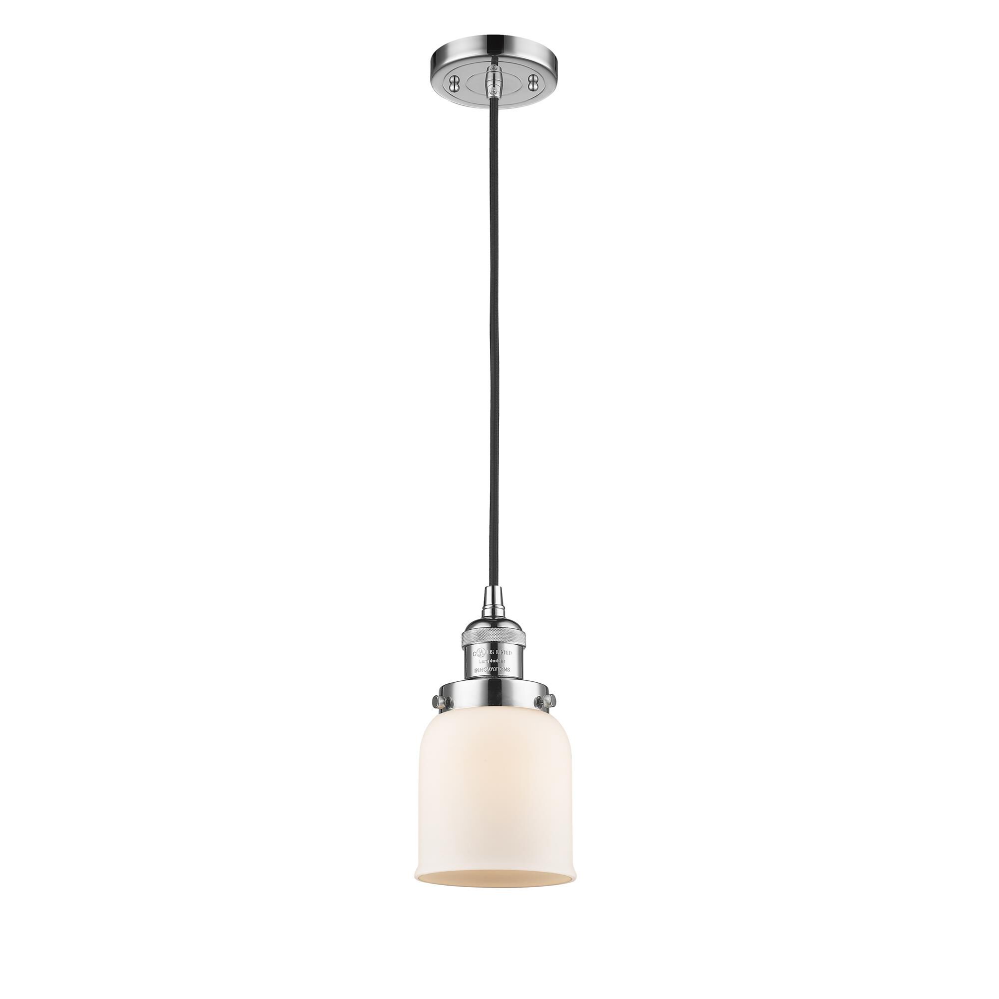 Shown in Polished Chrome finish and Matte White Cased Small Bell glass and Cord accent