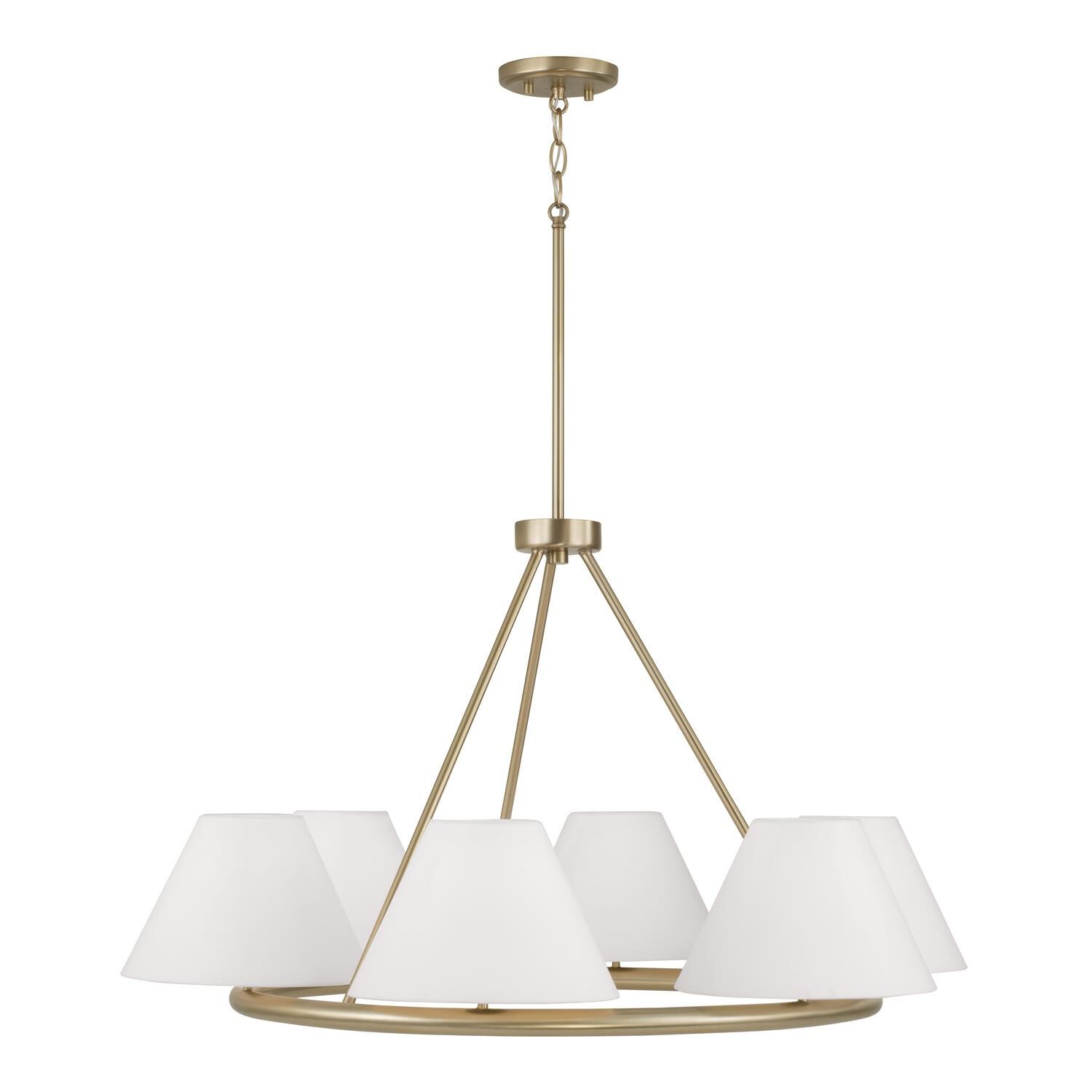 Shown in Matte Brass finish and Soft White Fabric Stay-Straight shade