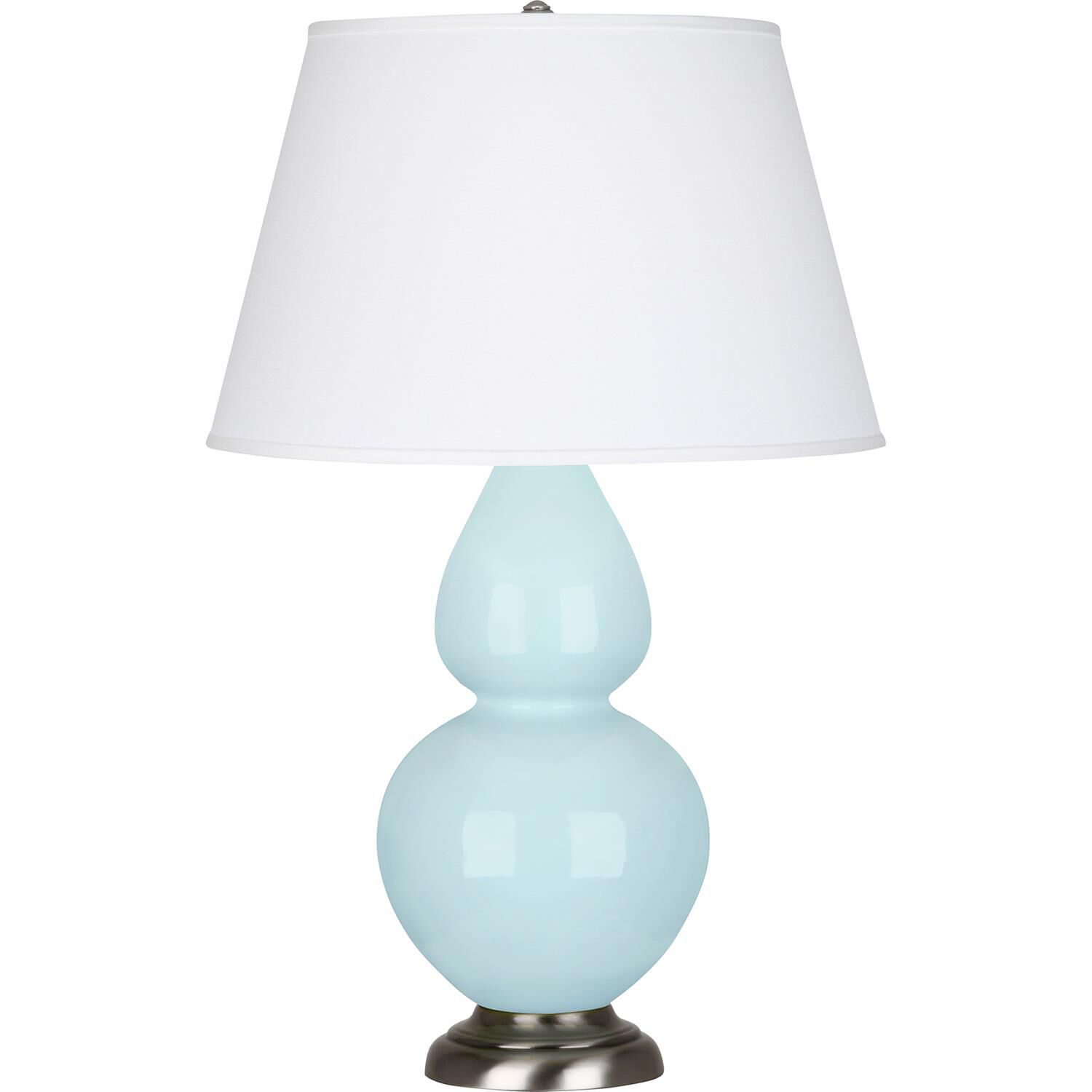 Shown in Baby Blue Glazed Ceramic With Antique Silver ed Accents finish and Pearl Dupioni Fabric shade