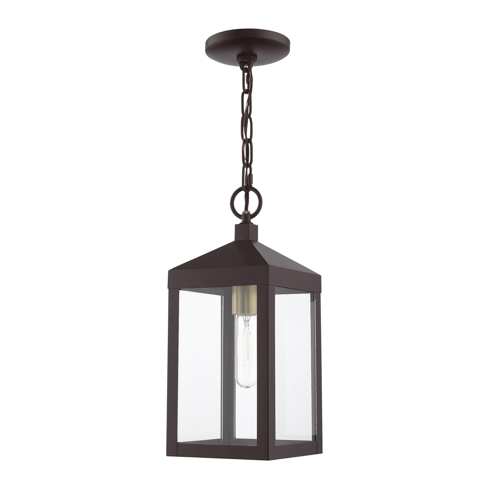 Shown in Bronze With Antique Brass Cluser finish and Clear glass and Clear Glass shade