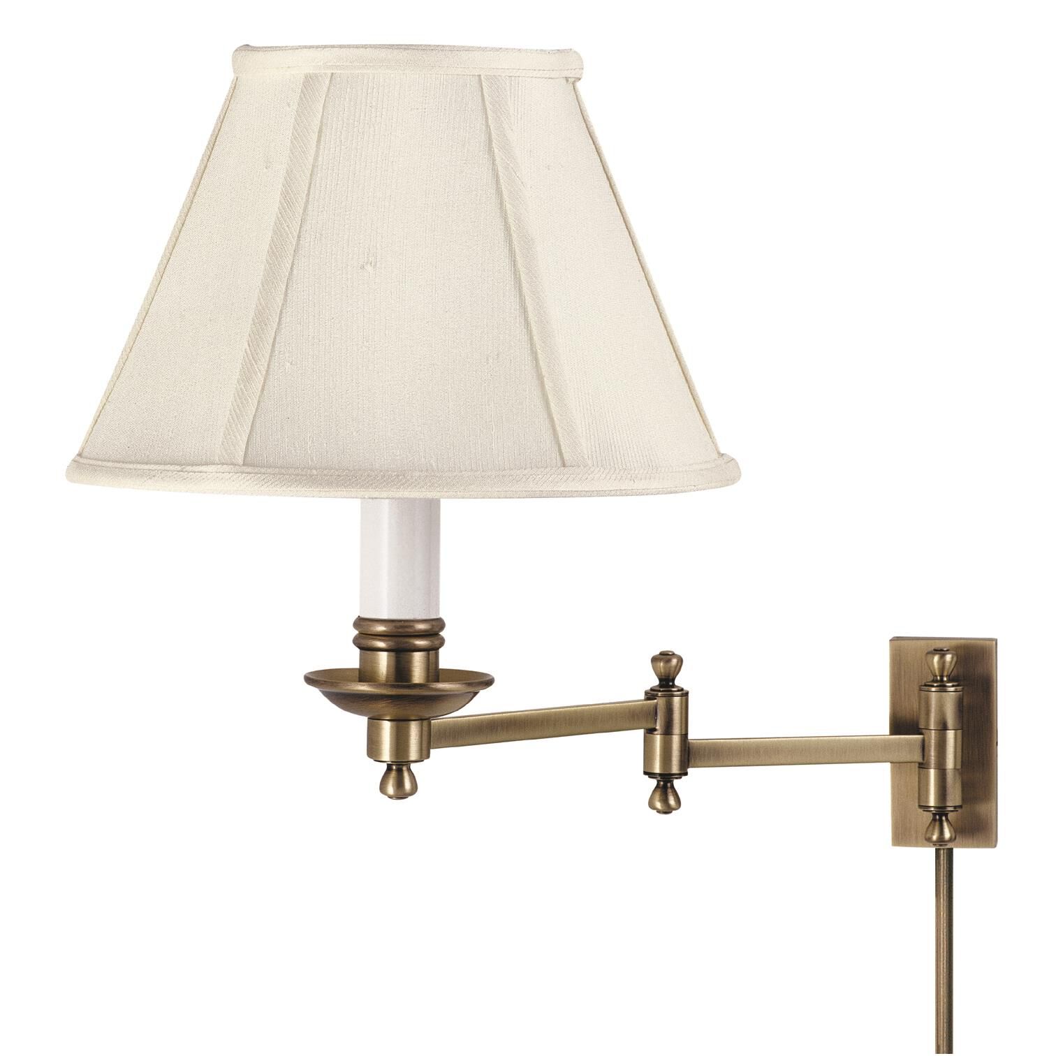 Shown in Antique Brass finish and Off-White Linen Softback shade