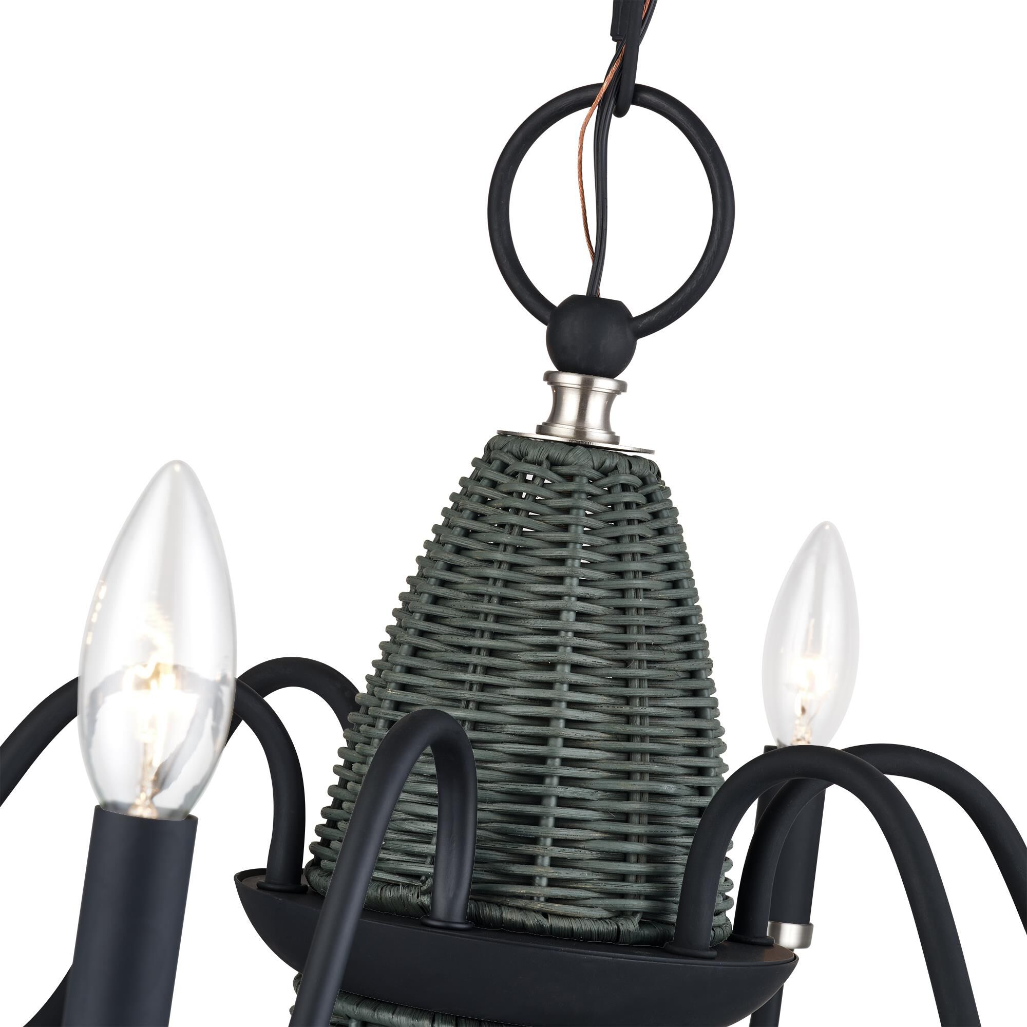 Shown in Black with Brushed Nickel Accents finish and Hand-Woven Charred Gray Color Rattan Column shade