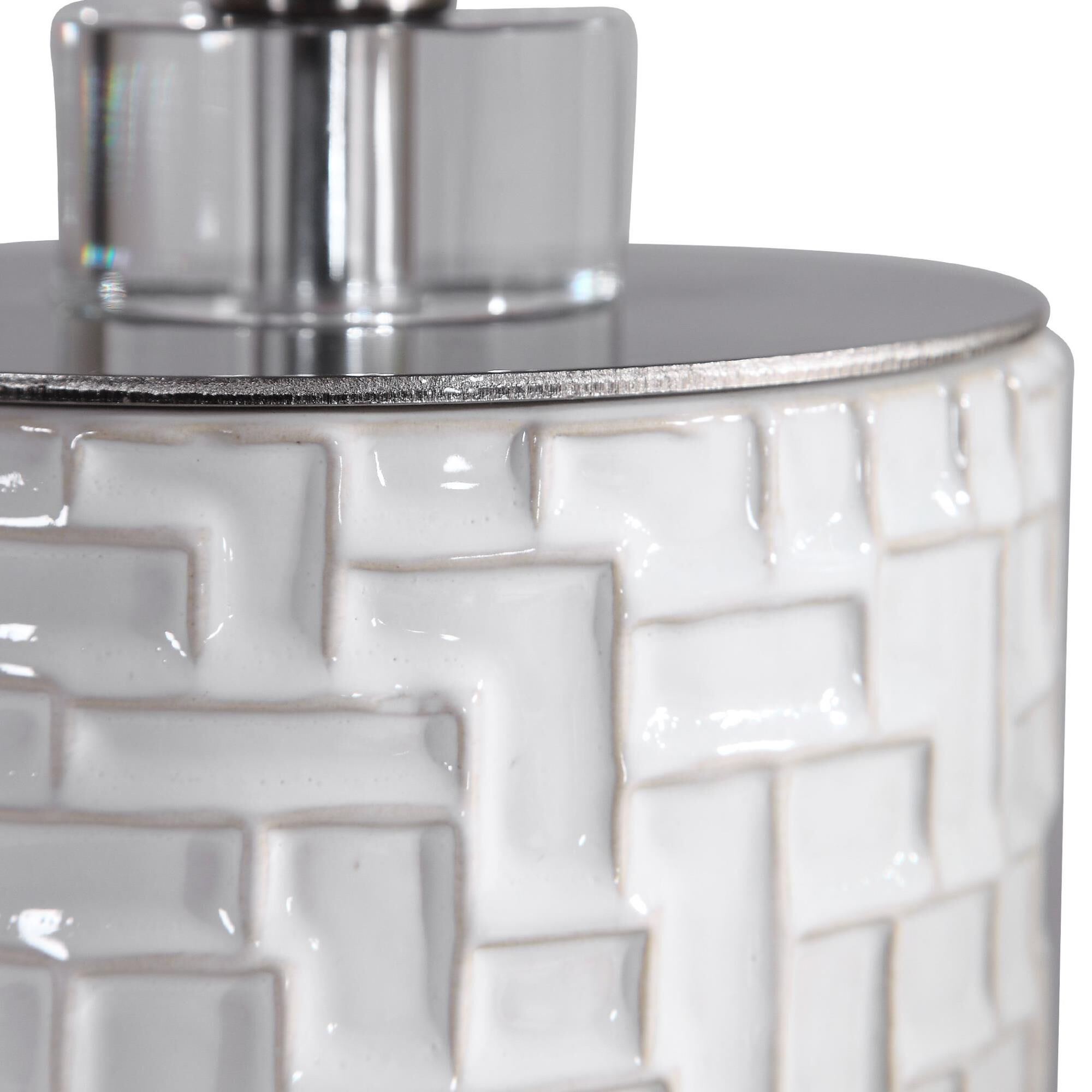 Shown in This Buffet Lamp Has A Ceramic Base Finished In A Glossy White Glaze Featuring Embossed Geometric De finish and Round Drum Hardback shade