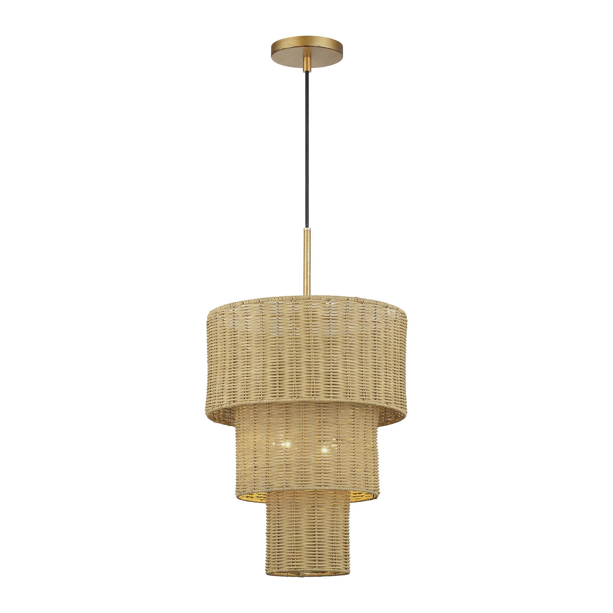 Shown in Antique Gold Leaf finish and Hand-Woven Rustic Walnut Color Rattan shade