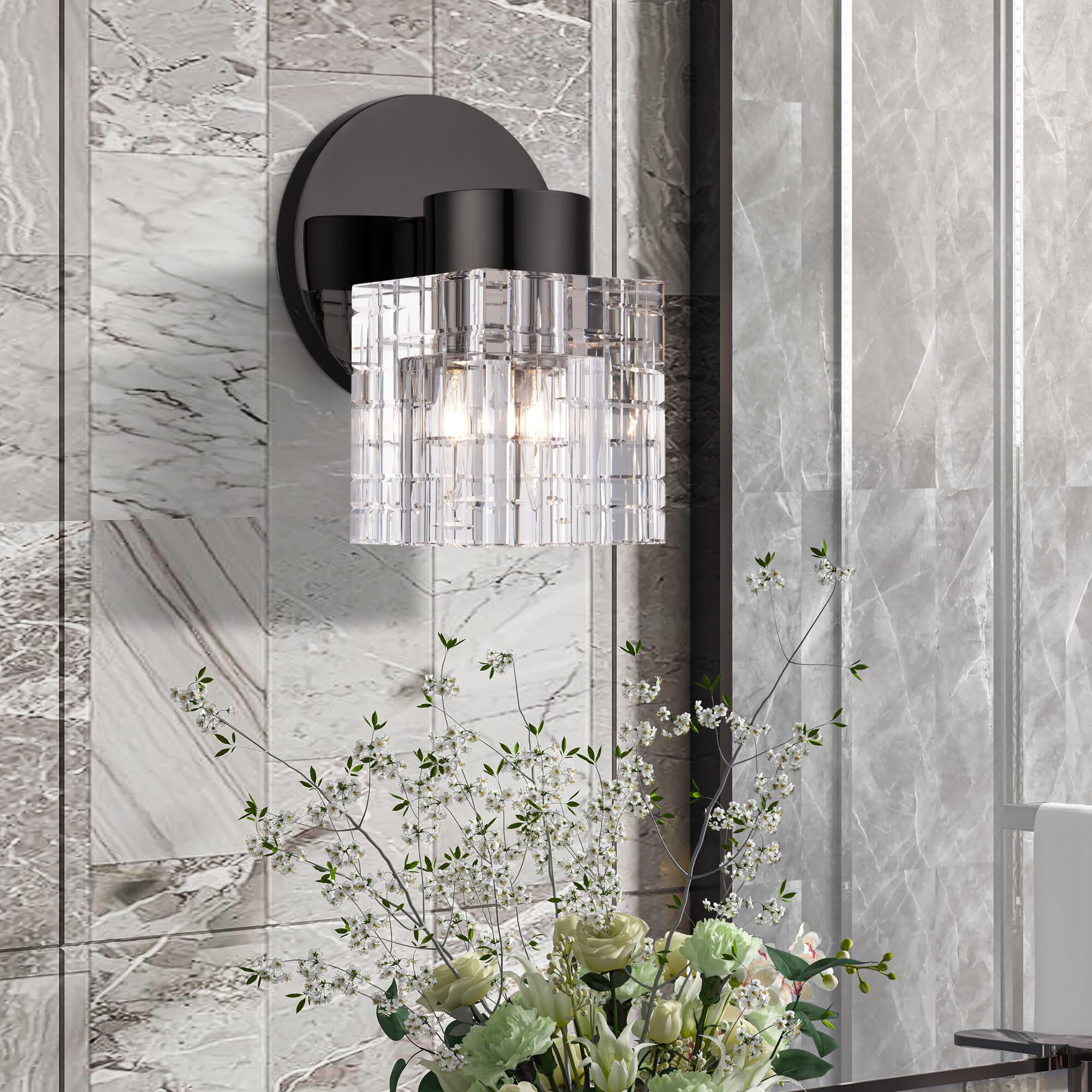 Shown in Black Chrome finish and Crystal glass