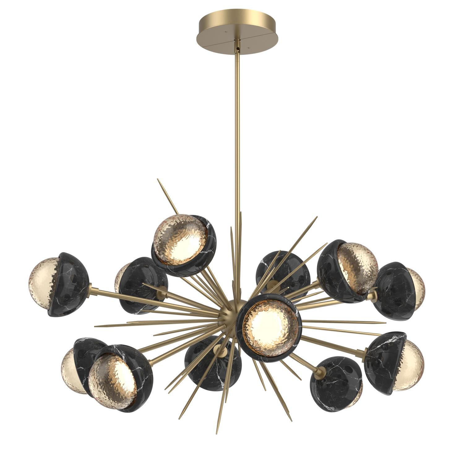 Shown in Gilded Brass finish and Amber glass and Black Marble accent