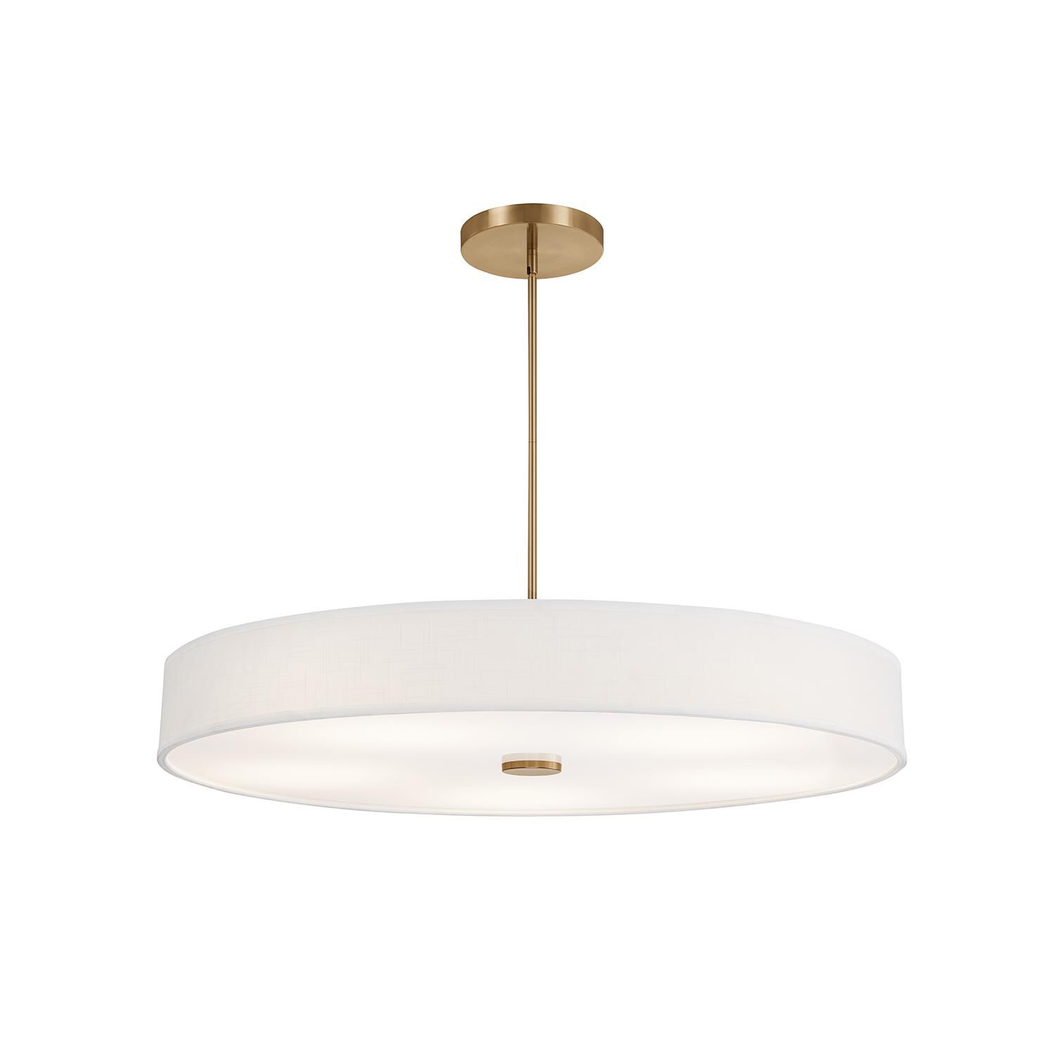 Shown in Brushed Brass finish and White Linen shade
