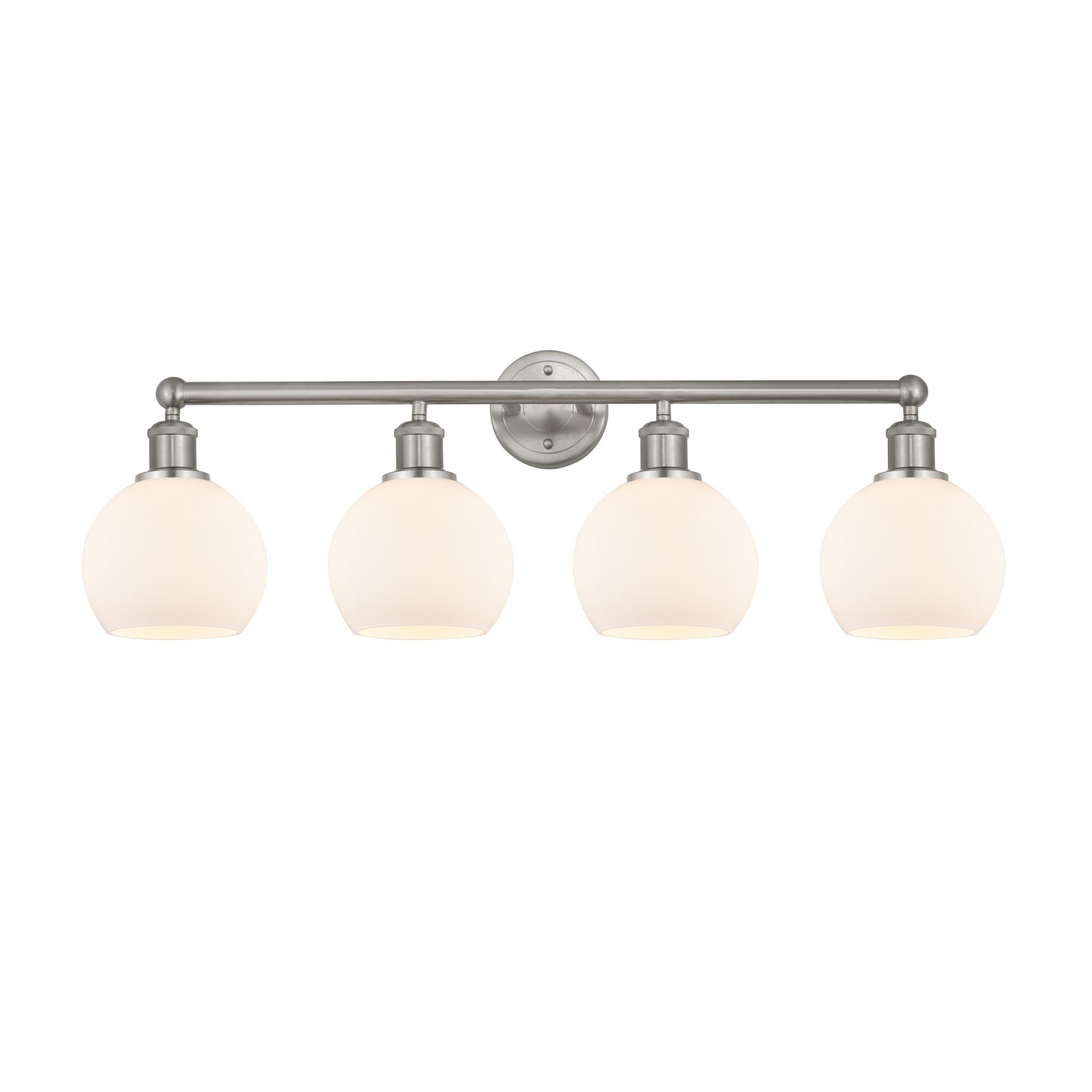 Shown in Brushed Satin Nickel, Matte White finish and Matte White glass and Matte White Glass shade