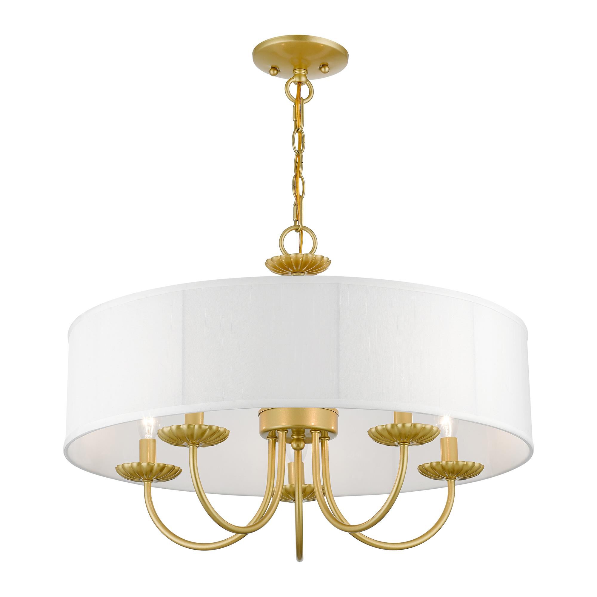 Shown in Soft Gold finish and Off-White Fabric Hardback with White Fabric Inside shade