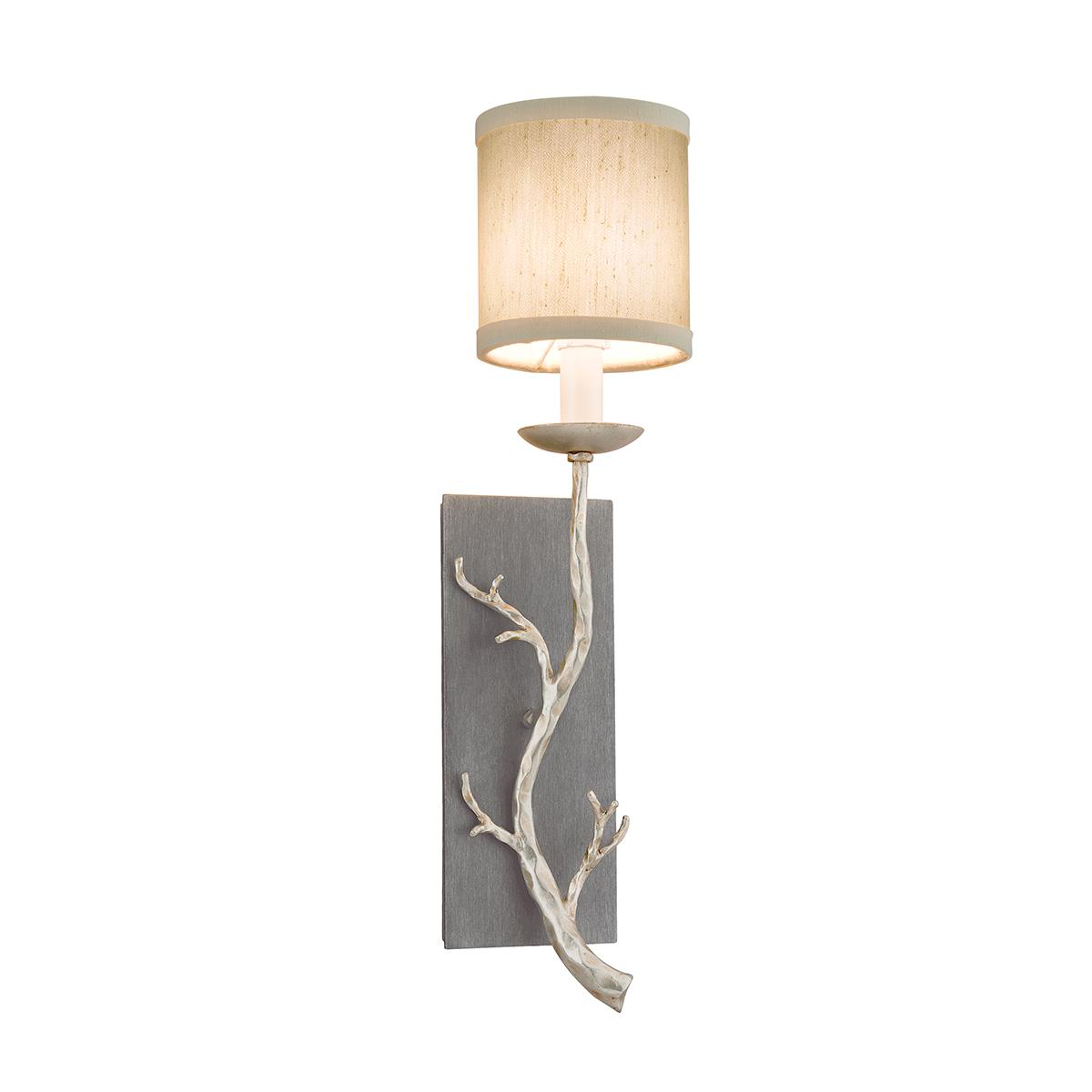 Shown in Graphite And Silver Leaf finish and Beige glass and Hardback Linen shade