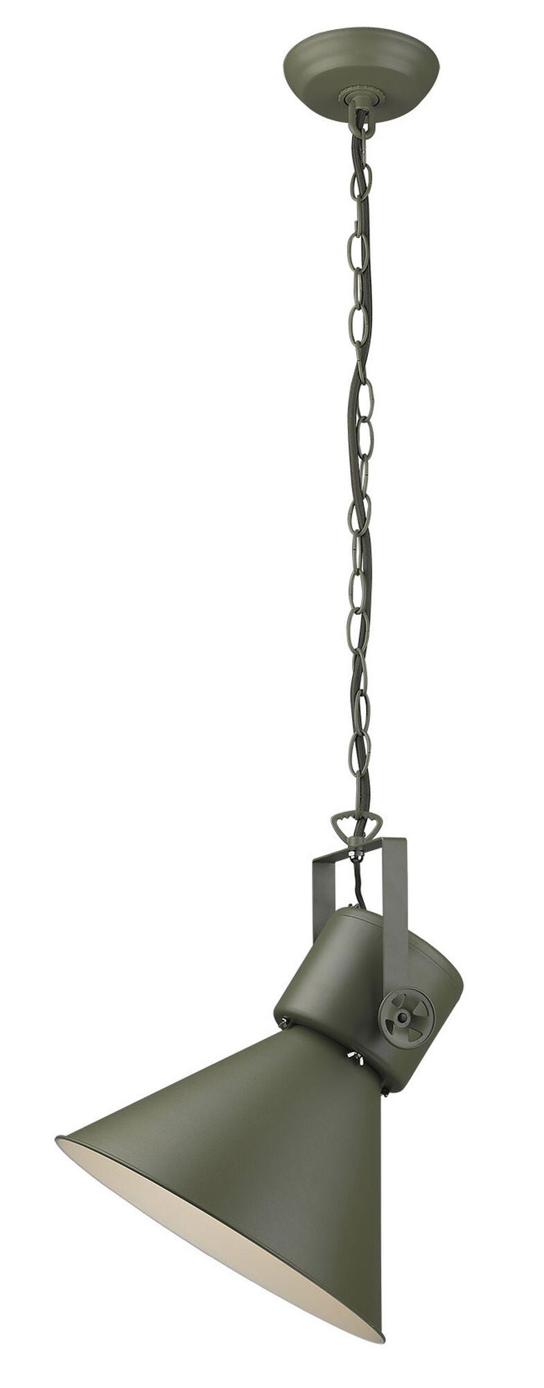 Shown in Green finish and Green glass and Green Metal Cone Shaped  W/ White Interior shade
