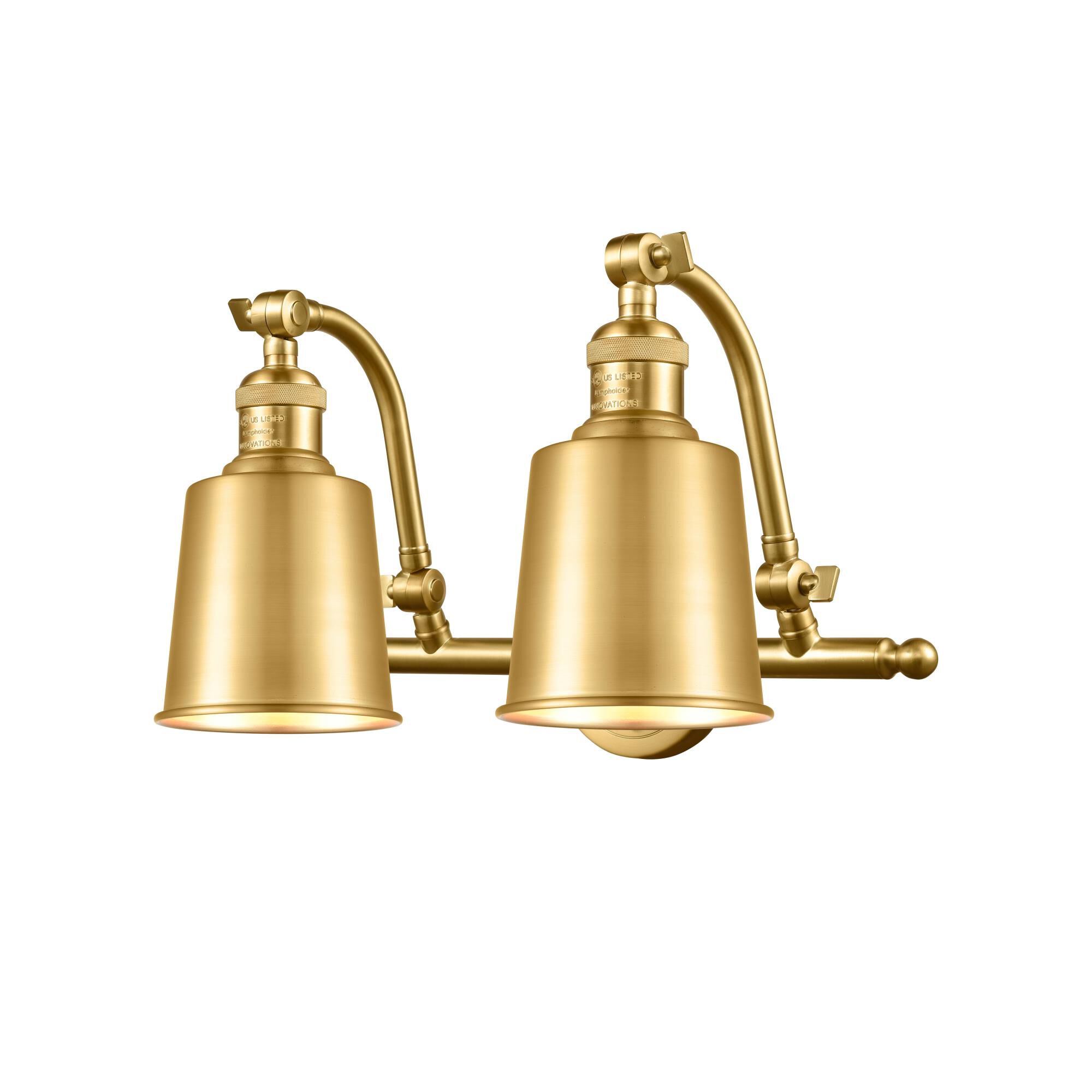 Shown in Satin Gold finish and Satin Gold glass and Satin Gold Addison shade and Polished Chrome accent