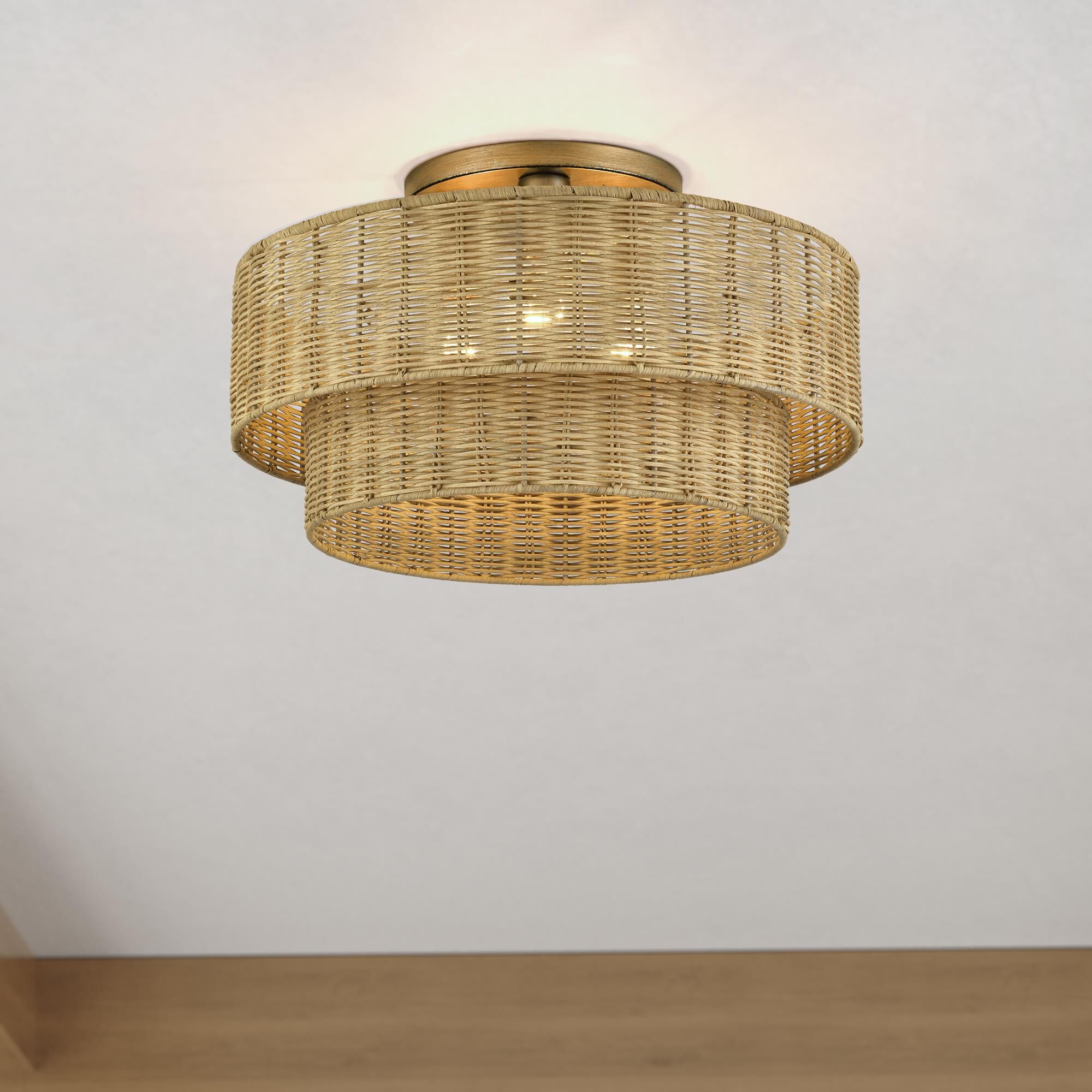 Shown in Antique Gold Leaf finish and Hand-Woven Rustic Walnut Color Rattan shade