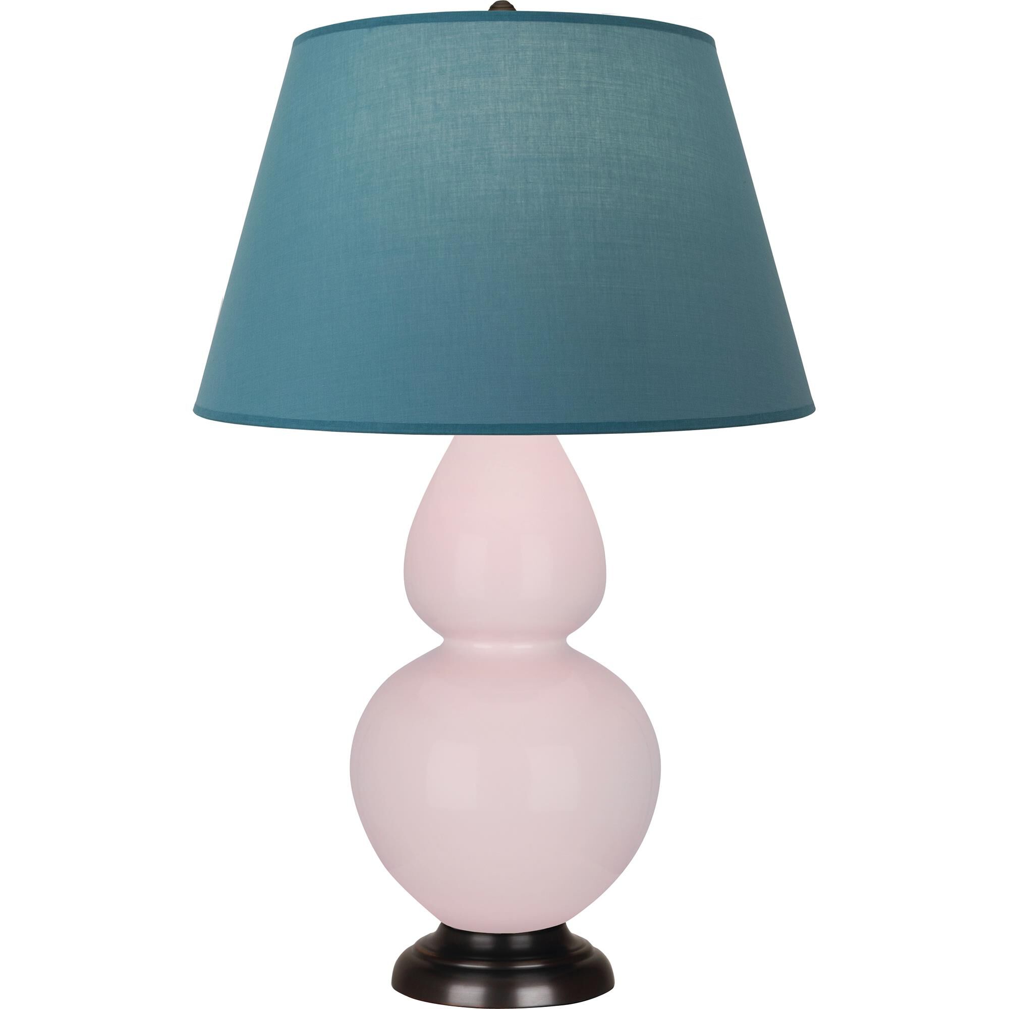 Shown in Rose Water Glazed finish and Bright Blue with Gray Lining shade and Deep Patina Bronze accent