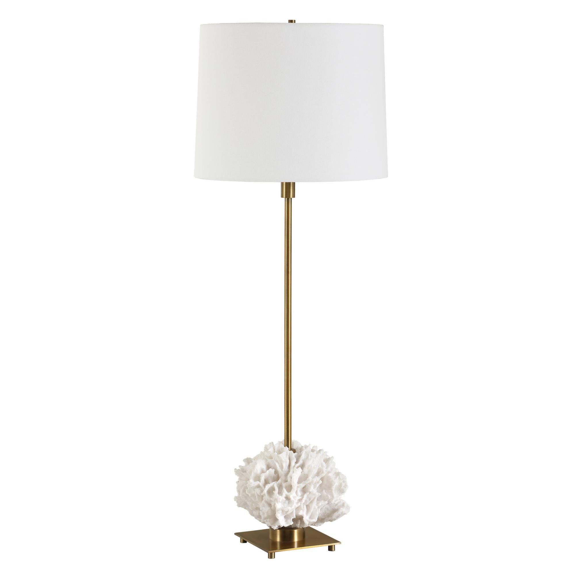 Shown in Brass, Gold and White finish and Tapered Hardback shade