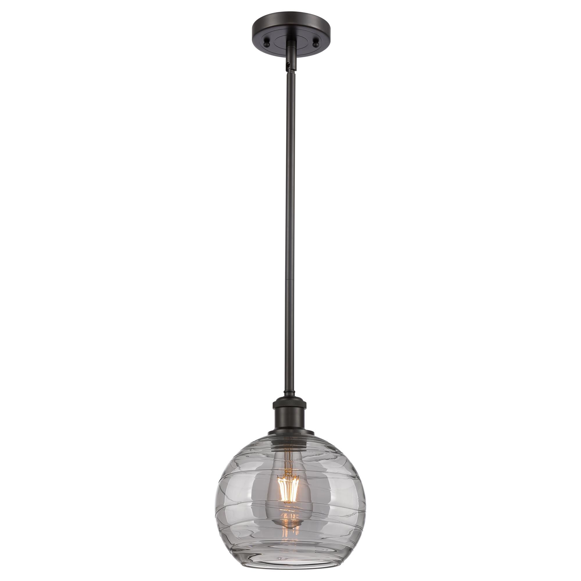 Shown in Oil Rubbed Bronze finish and Light Smoke Deco Swirl glass