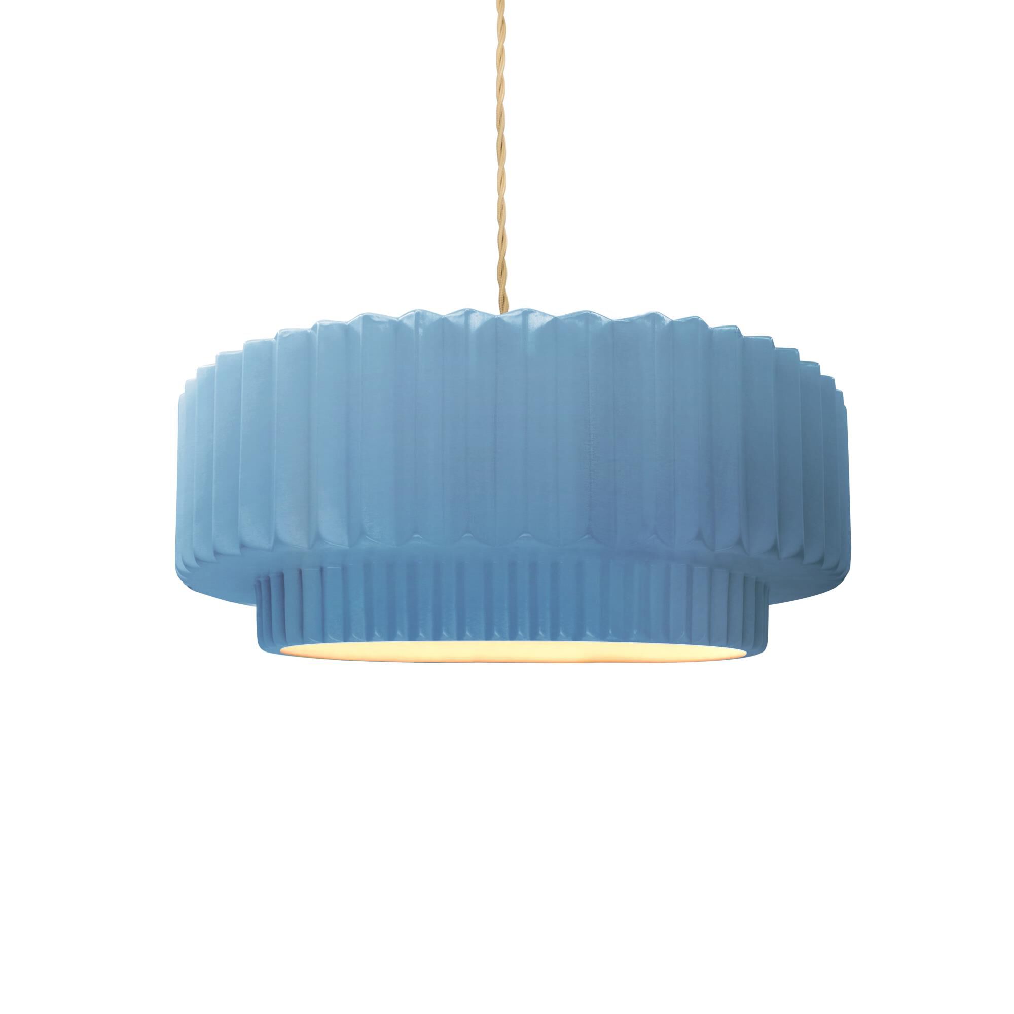 Shown in Brushed Brass finish and Sky Blue shade