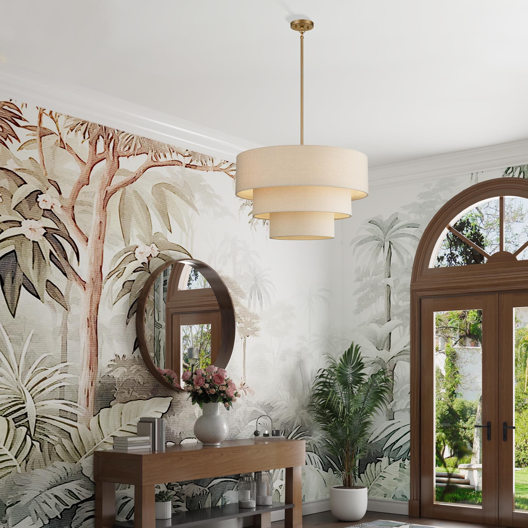 Shown in Antique Gold Leaf finish and Hand Crafted Parchment Color Hardback Fabric shade