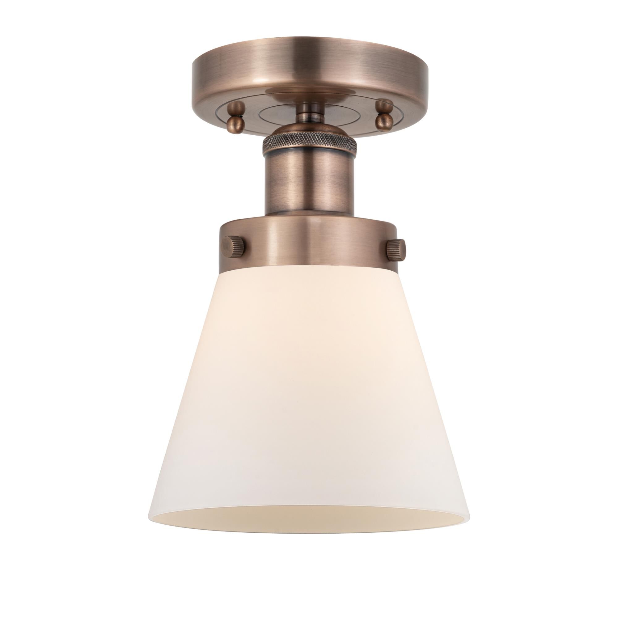 Shown in Antique Copper finish and Matte White glass