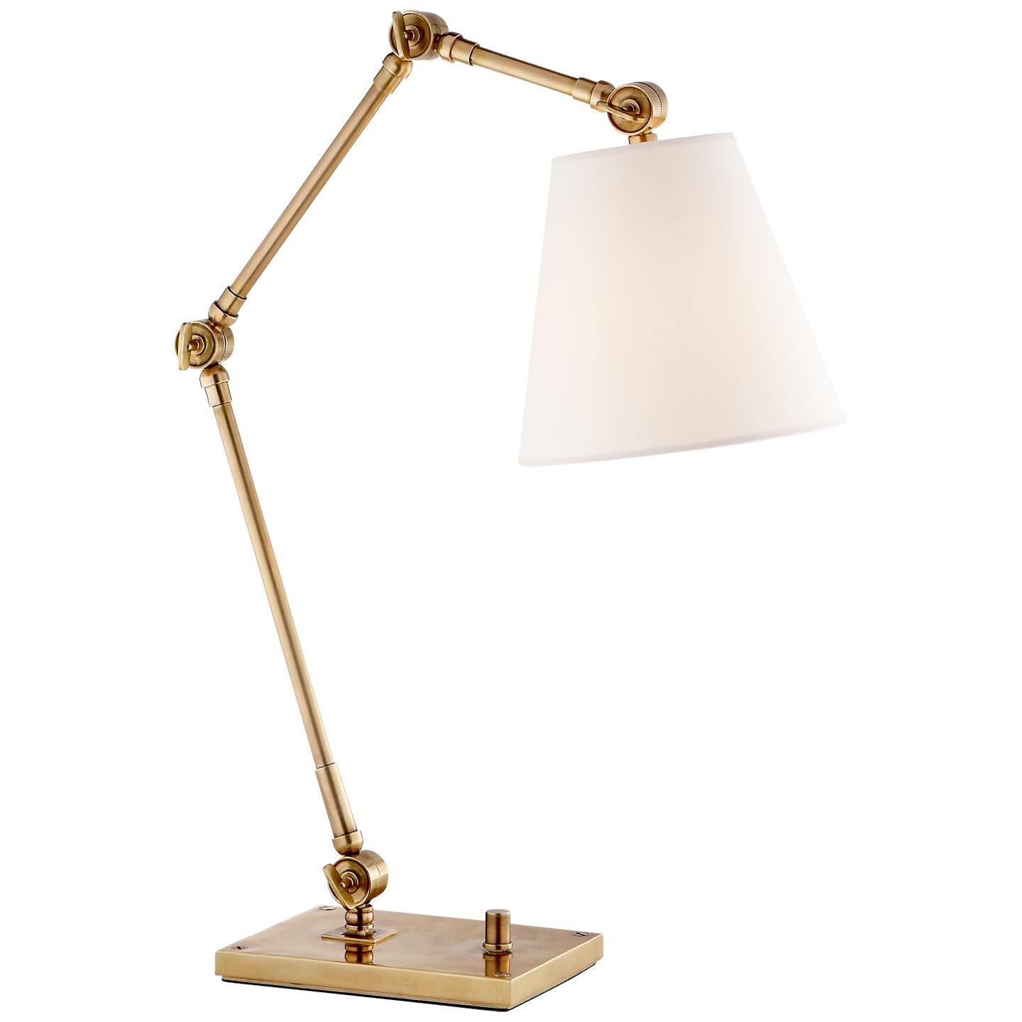 Shown in Hand-Rubbed Antique Brass finish and Round Linen shade