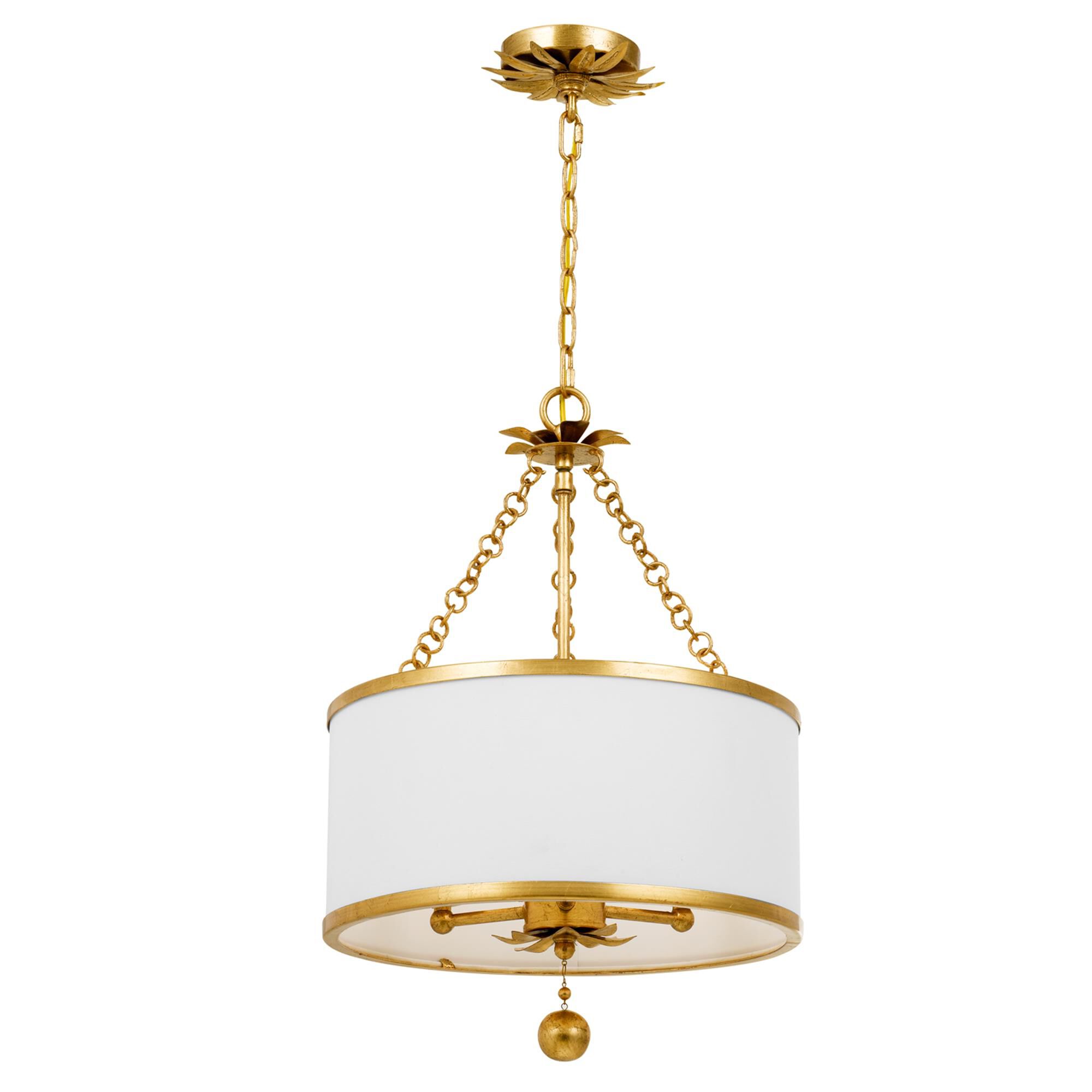 Shown in Antique Gold finish and Silk glass and White shade