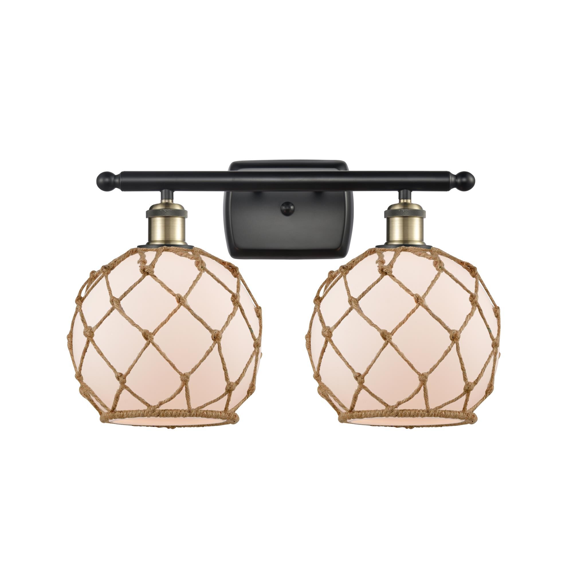 Shown in Black Antique Brass finish and Sphere glass and Glass And Rope shade