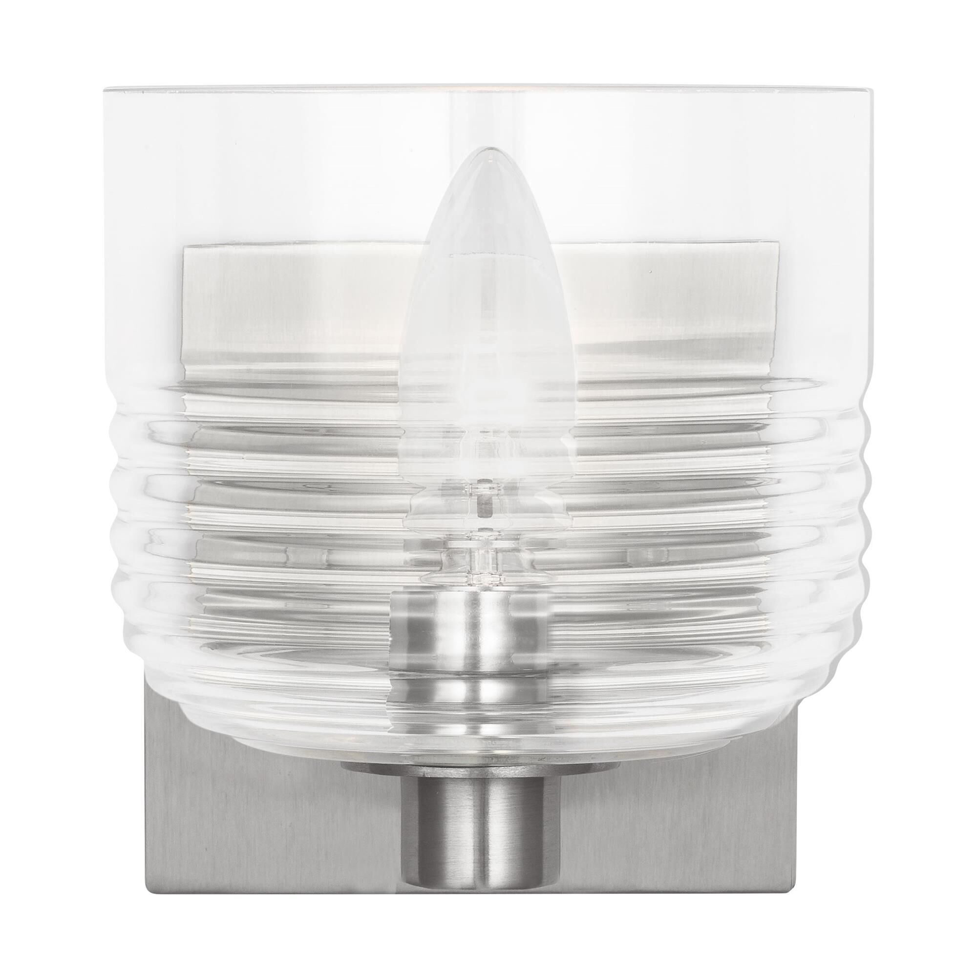Shown in Brushed Nickel finish and Clear Ribbed glass