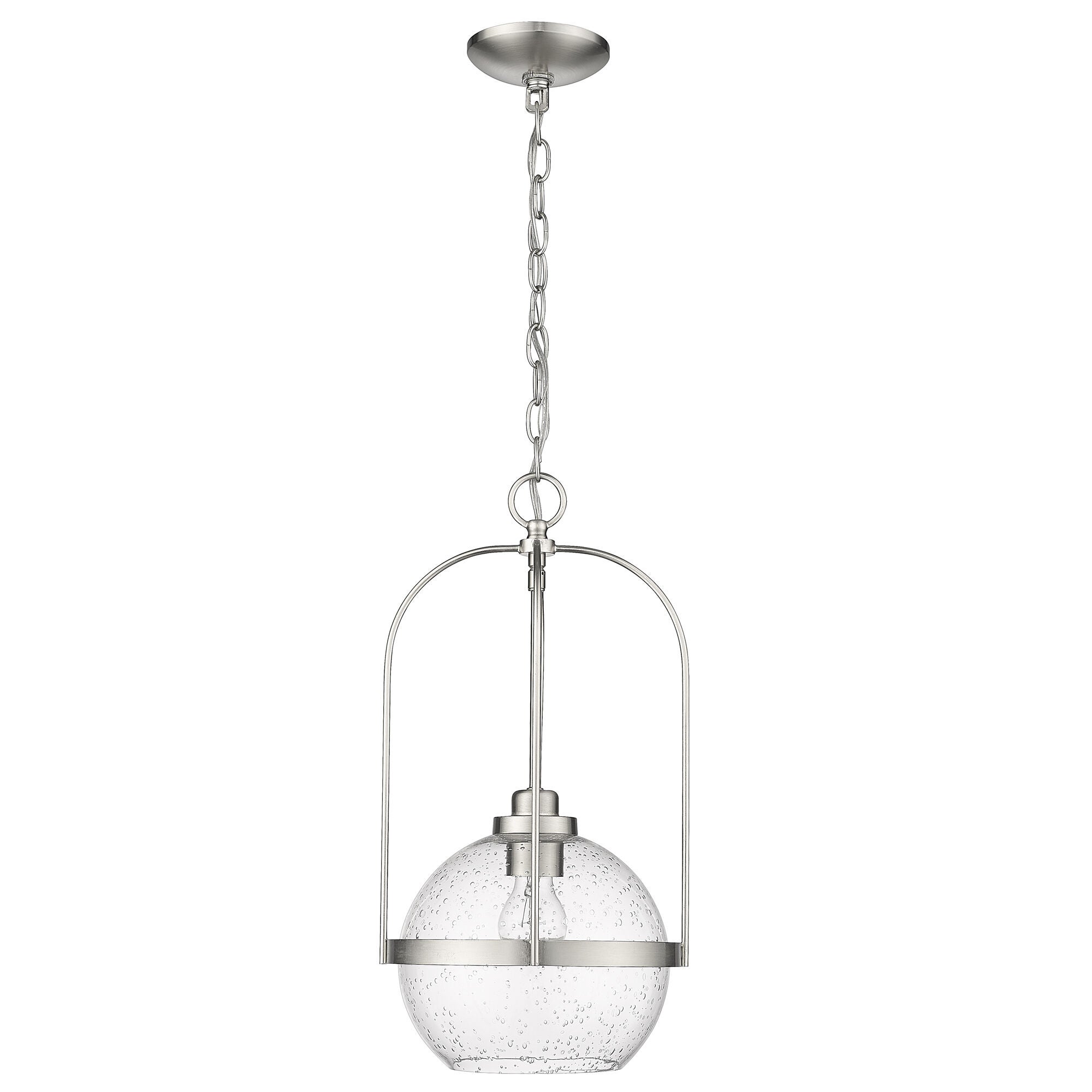 Shown in Brushed Nickel finish and Clear Seeded glass
