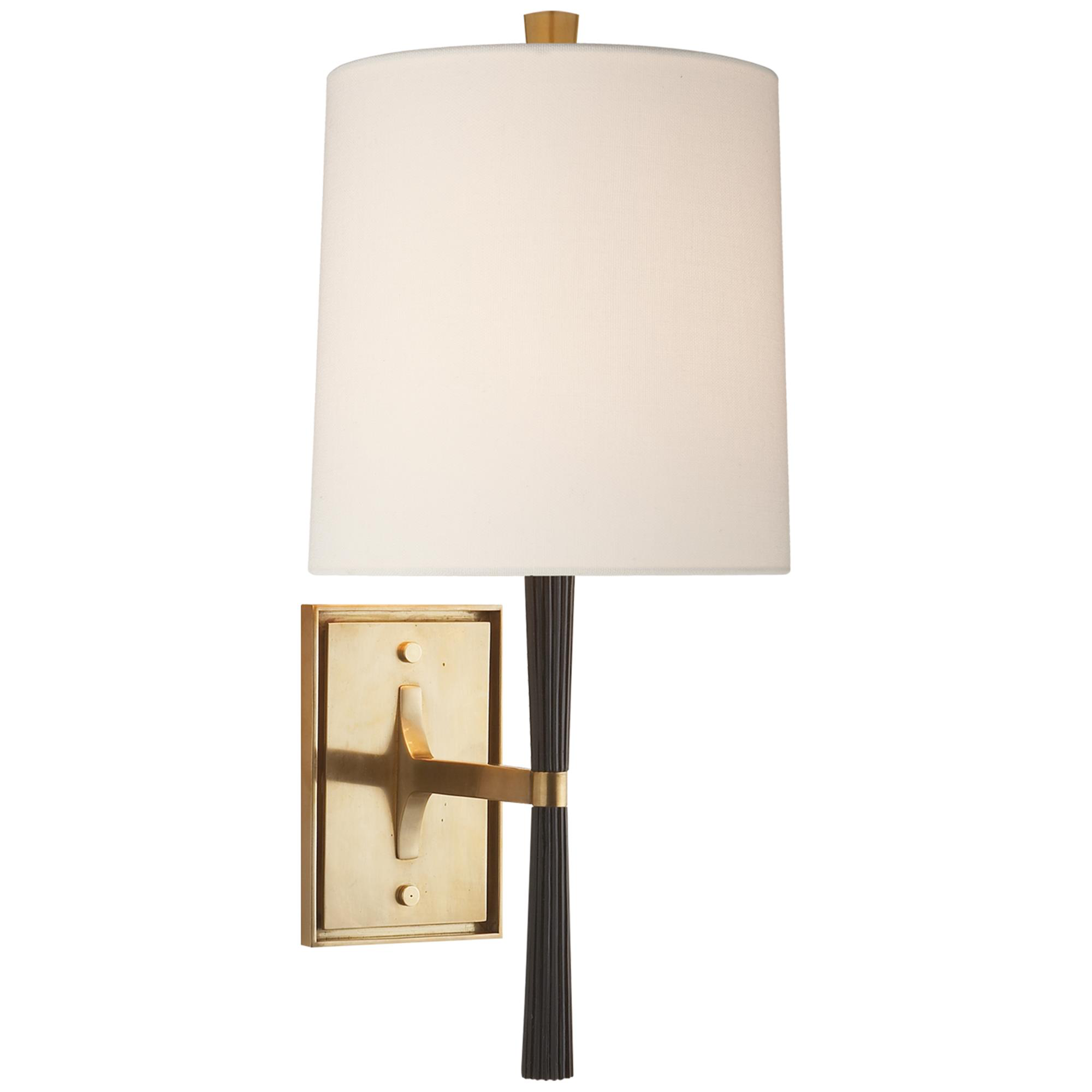 Shown in Ebony Resin And Brass finish and Linen shade