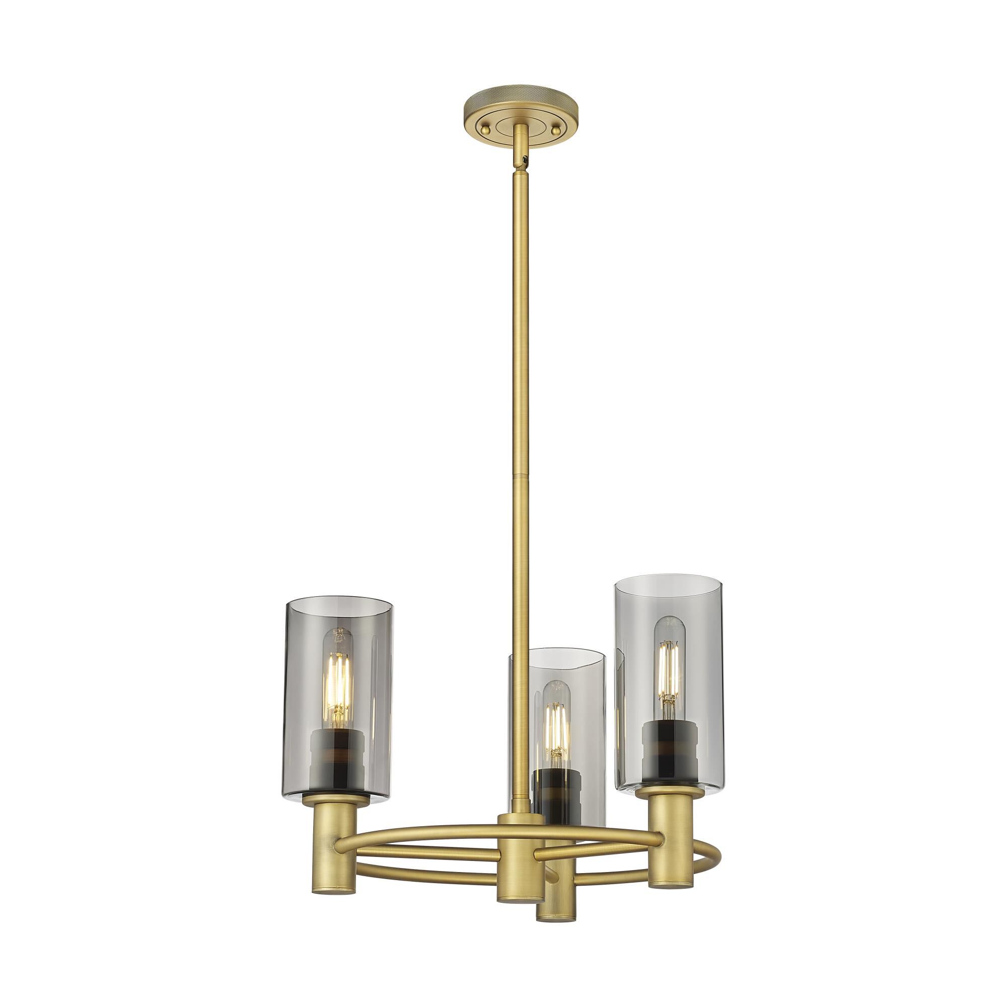 Shown in Brushed Brass finish and Plated Smoke glass and Plated Smoke Glass shade