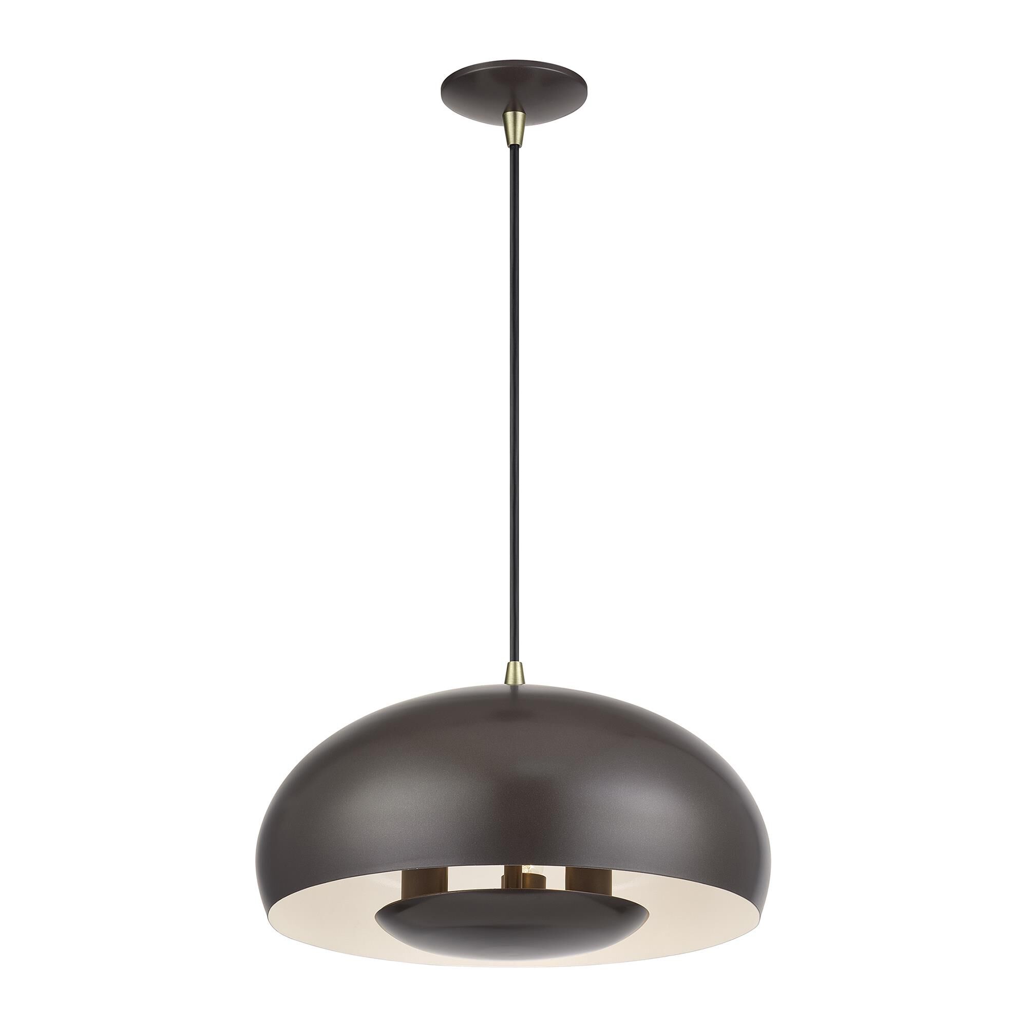 Shown in English Bronze with Antique Brass Accents finish and English Bronze Steel with Shiny White Inside shade