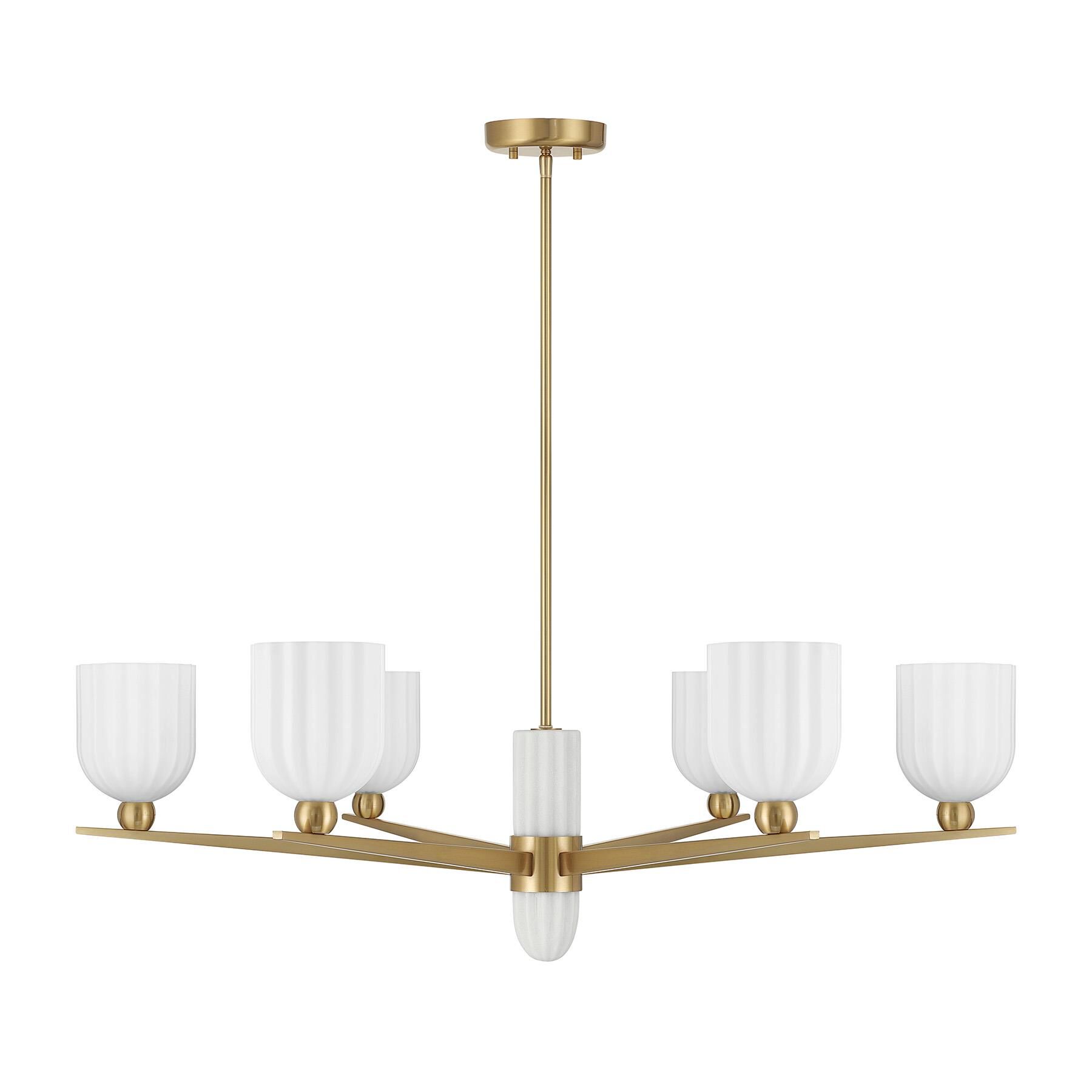 Shown in Warm Brass finish and White Opal Ribbed glass and White Resin accent